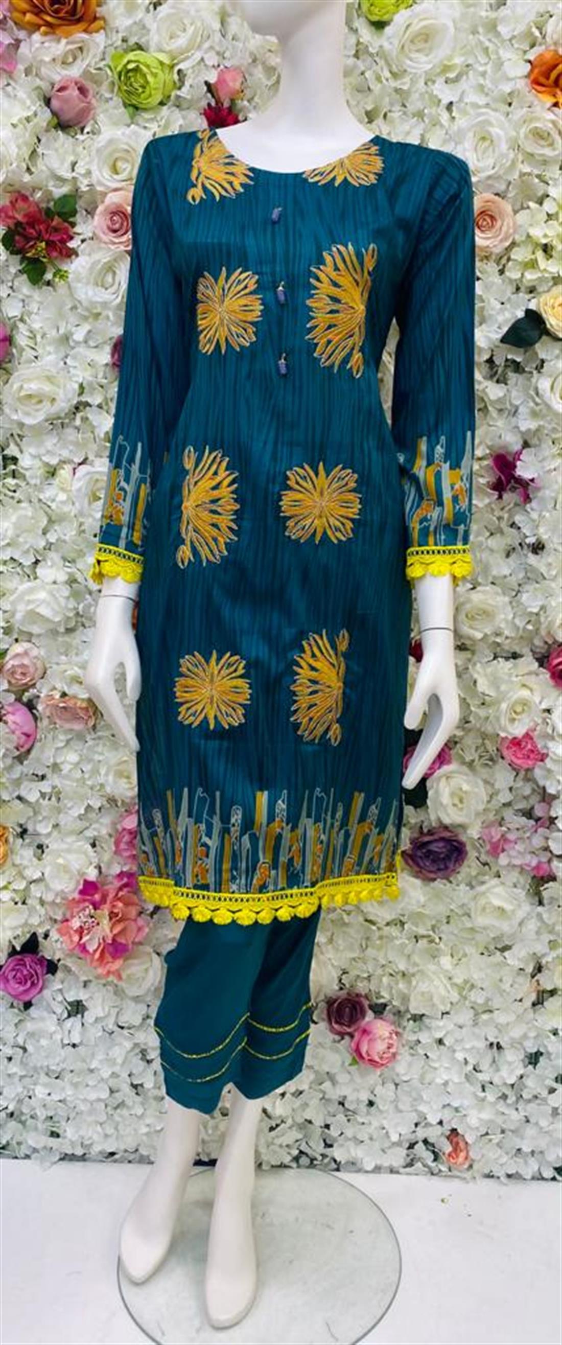 Teal Embroidered Chiffon Ladies Readymade