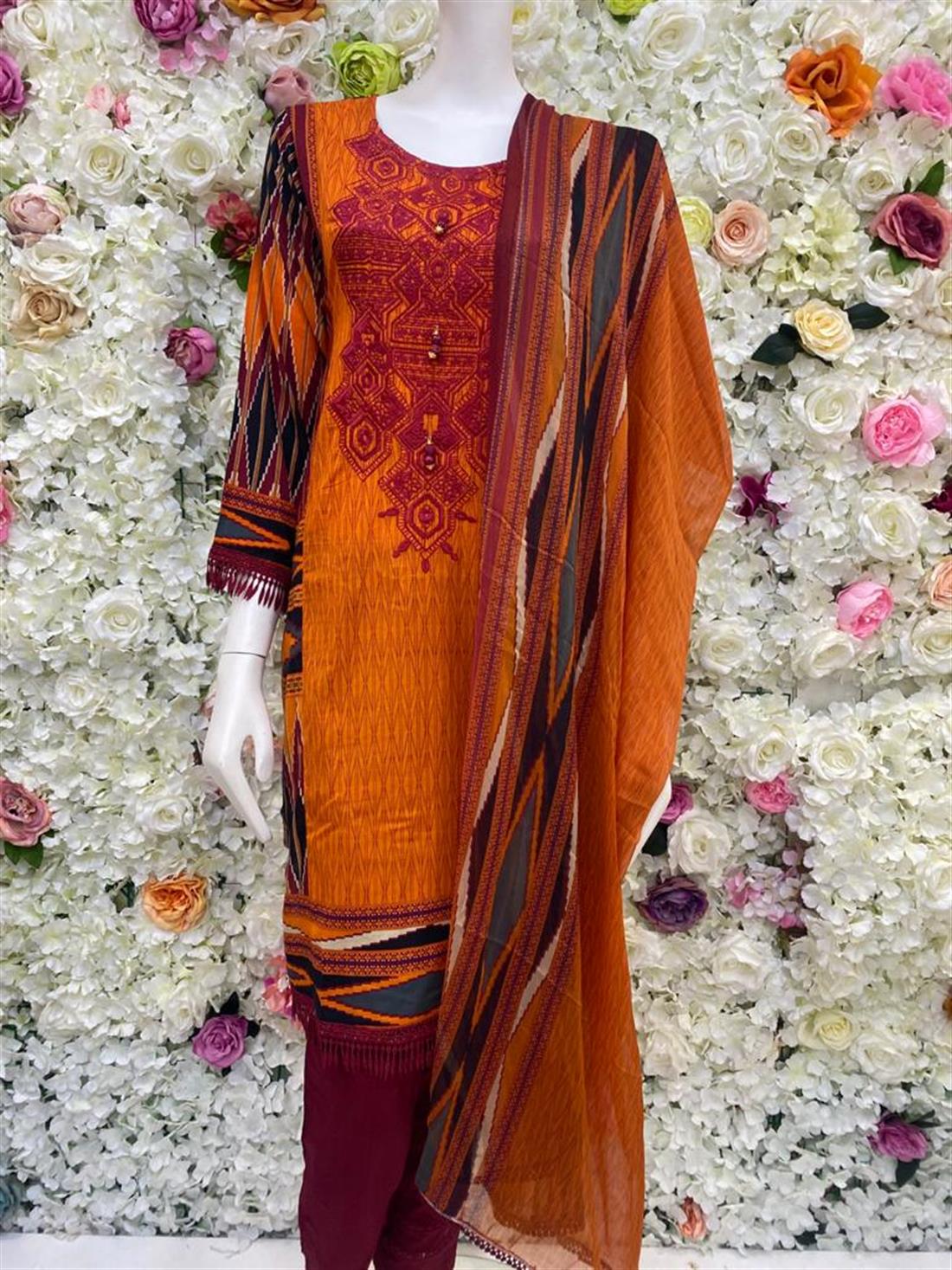Orange & Multicolour Embroidered Chiffon Ladies Readymade