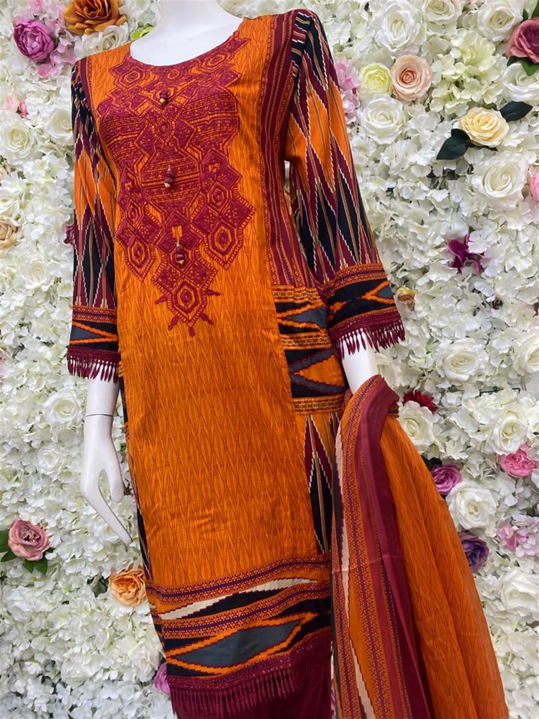 Orange & Multicolour Embroidered Chiffon Ladies Readymade