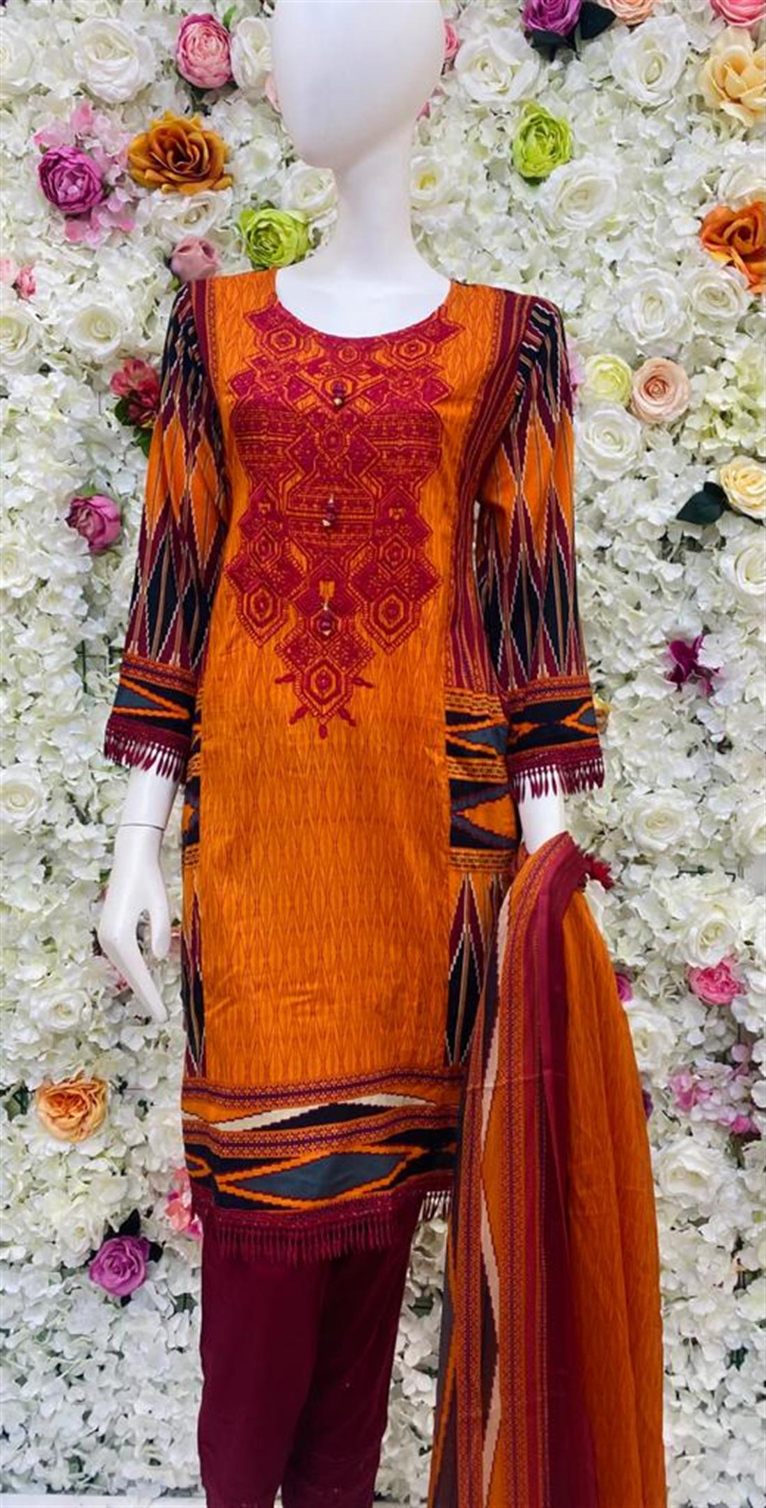 Orange & Multicolour Embroidered Chiffon Ladies Readymade