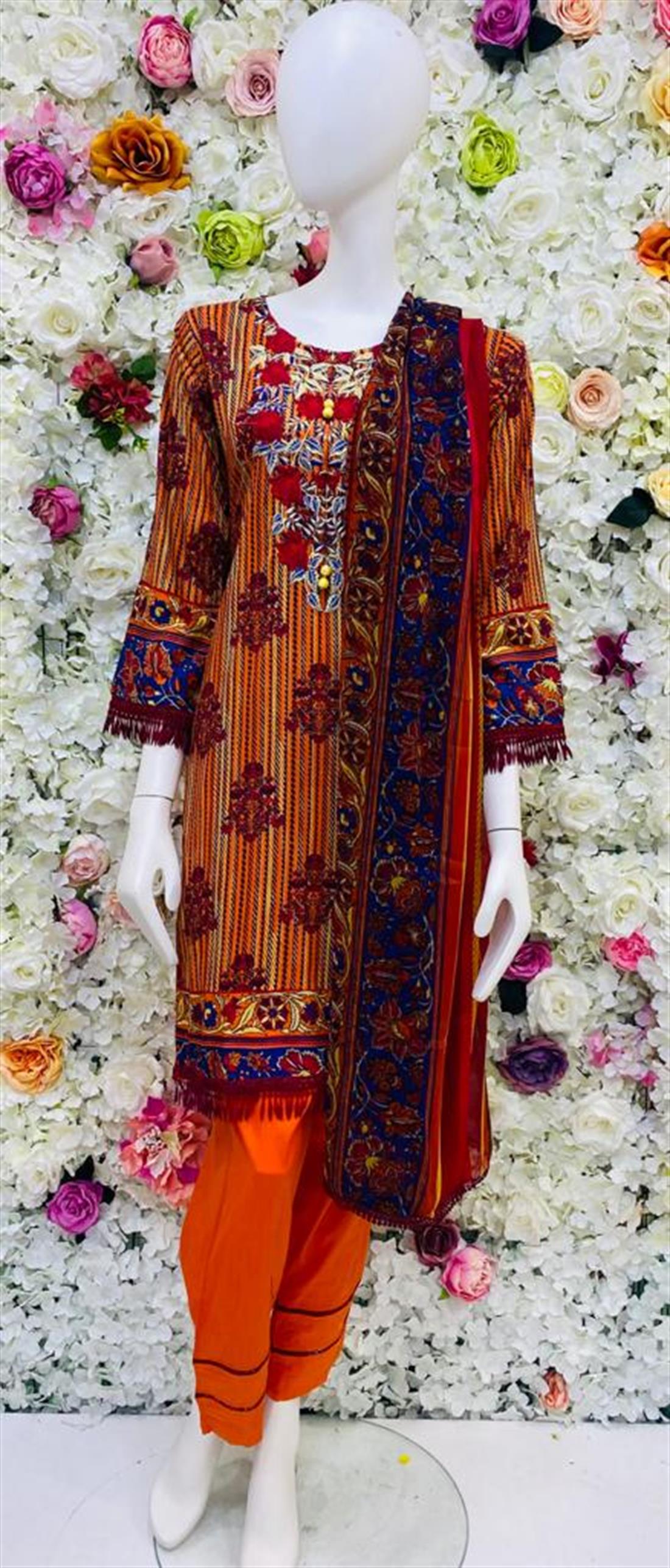 Orange & RED Embroidered Chiffon Ladies Readymade