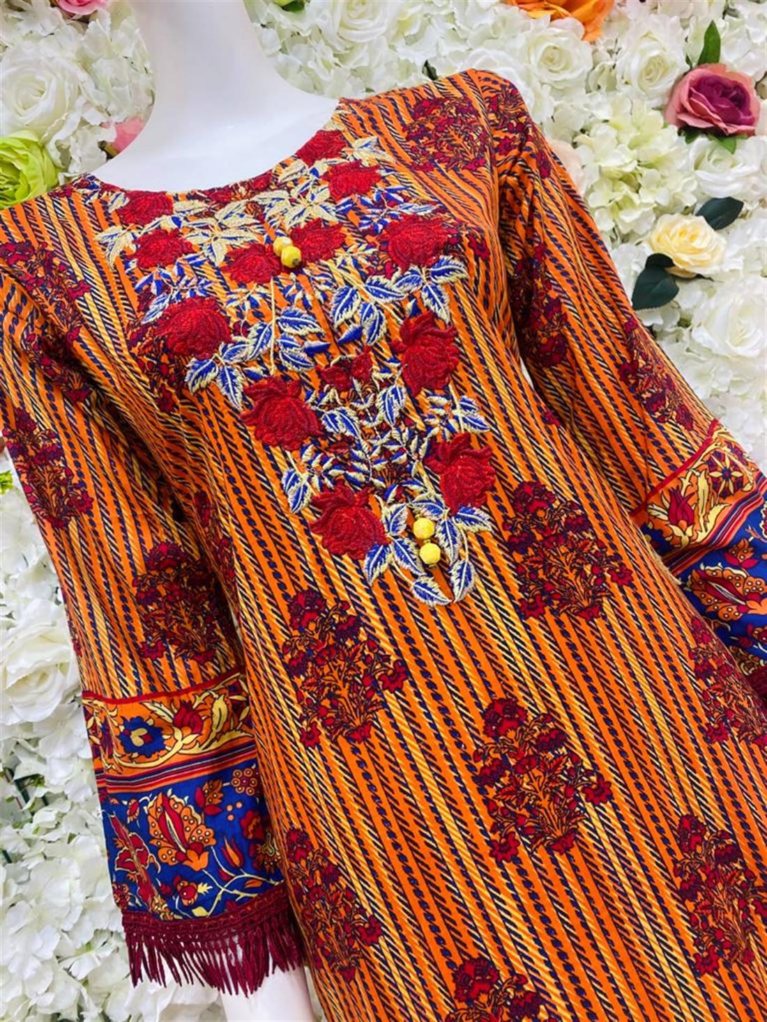 Orange & RED Embroidered Chiffon Ladies Readymade