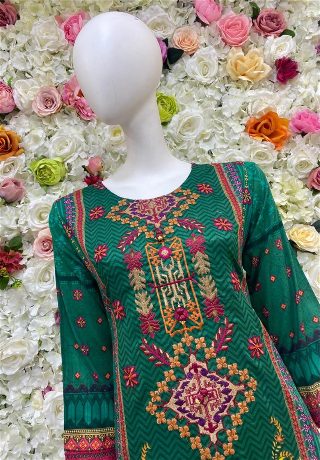 Green Embroidered Chiffon Ladies Readymade