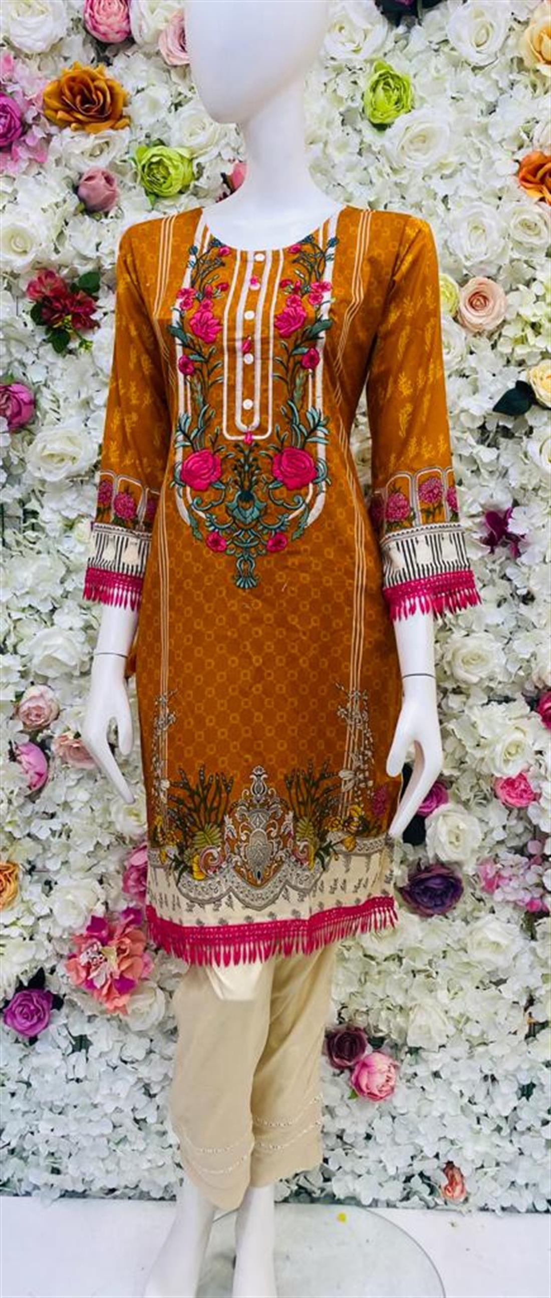 Orange Embroidered Chiffon Ladies Readymade