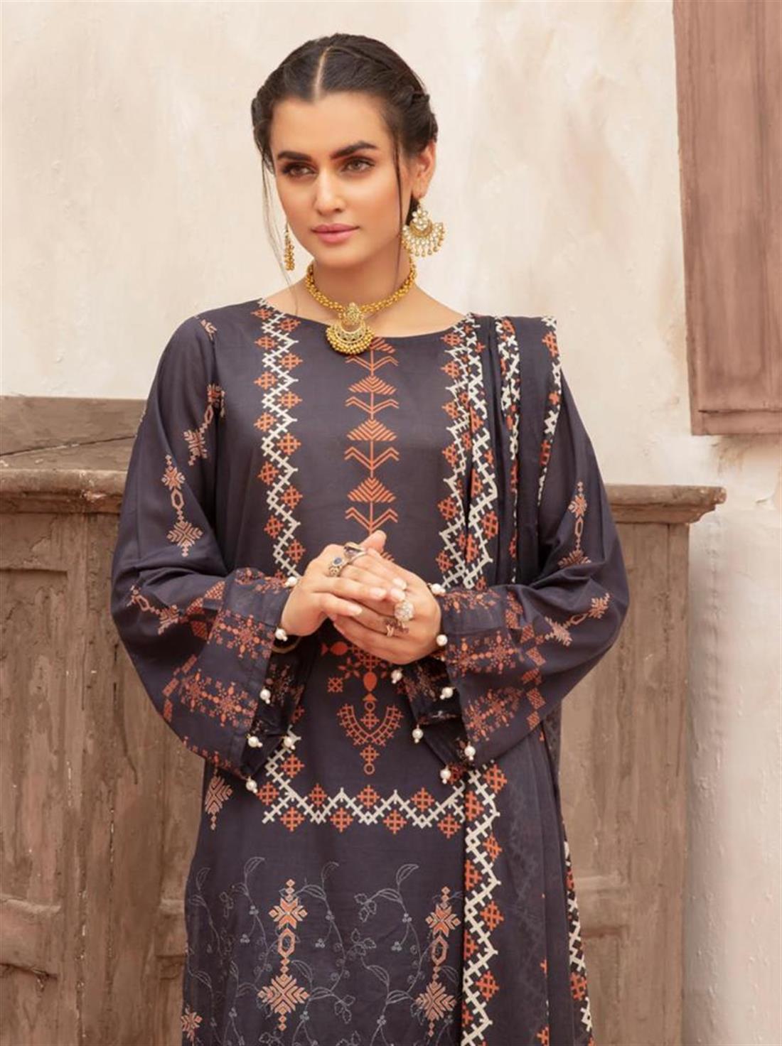 Black & Orange RIAZ ARTS Mahee’s and White LAWN Collection