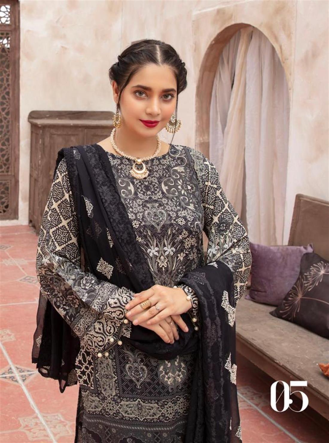 Black & Multicolour RIAZ ARTS Mahee’s and White LAWN Collection