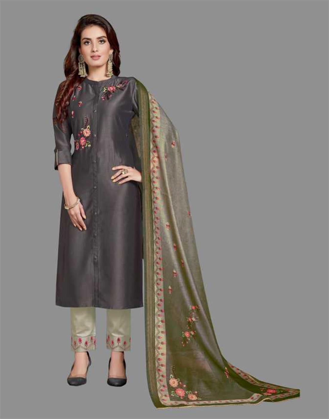 Dark Grey Embroidered Raw Silk Ladies Readymade