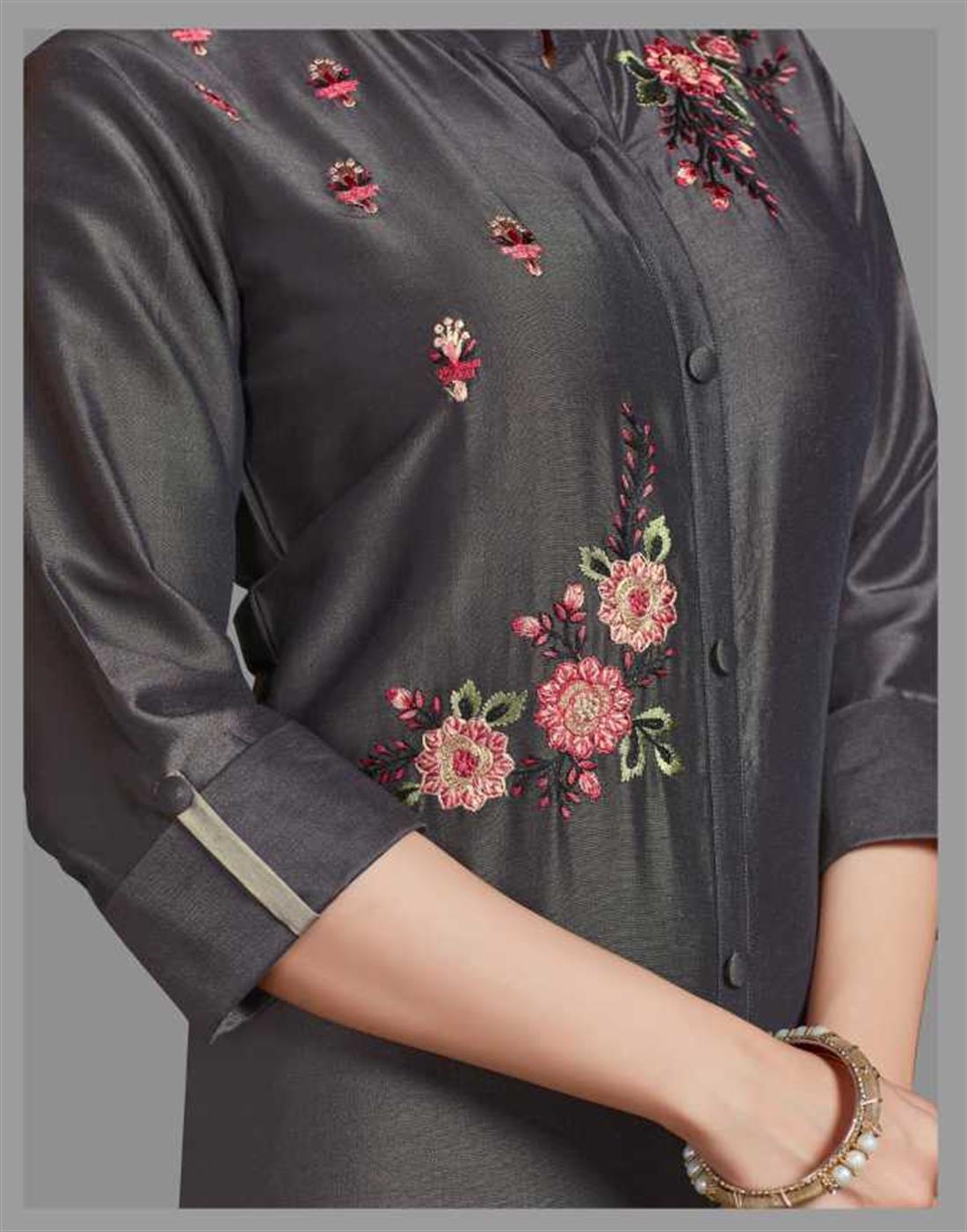 Dark Grey Embroidered Raw Silk Ladies Readymade