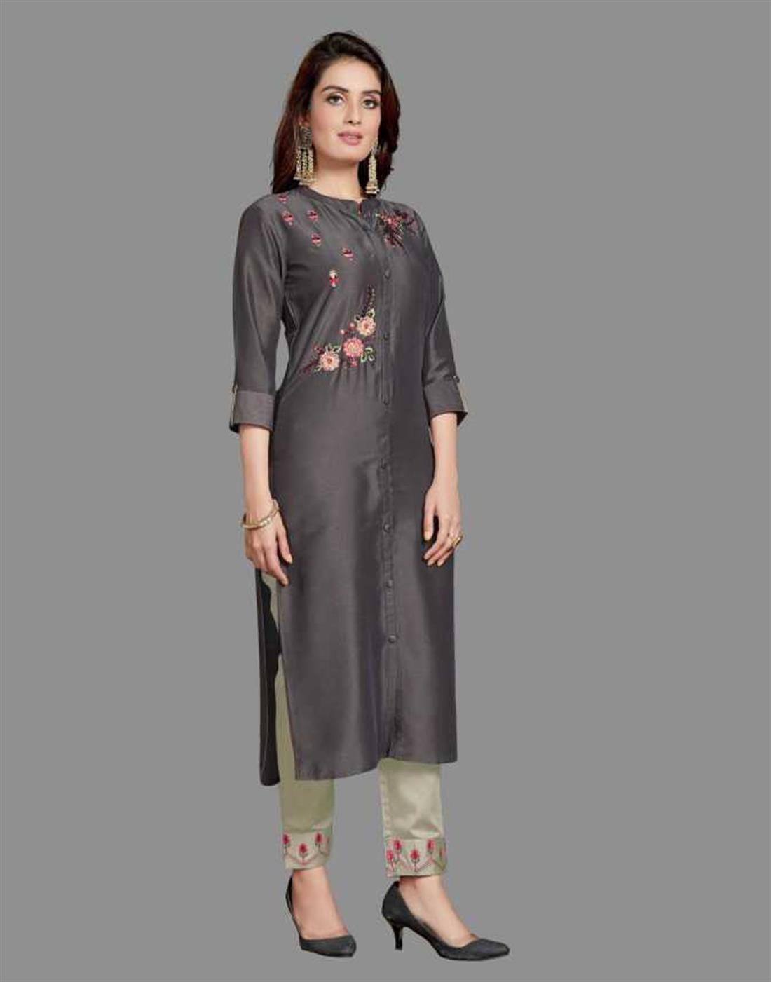 Dark Grey Embroidered Raw Silk Ladies Readymade