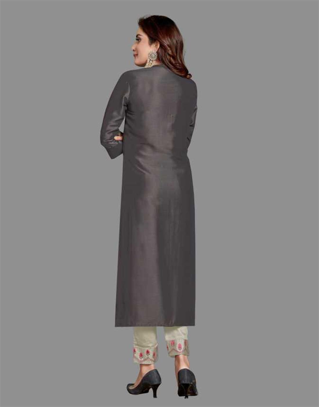 Dark Grey Embroidered Raw Silk Ladies Readymade