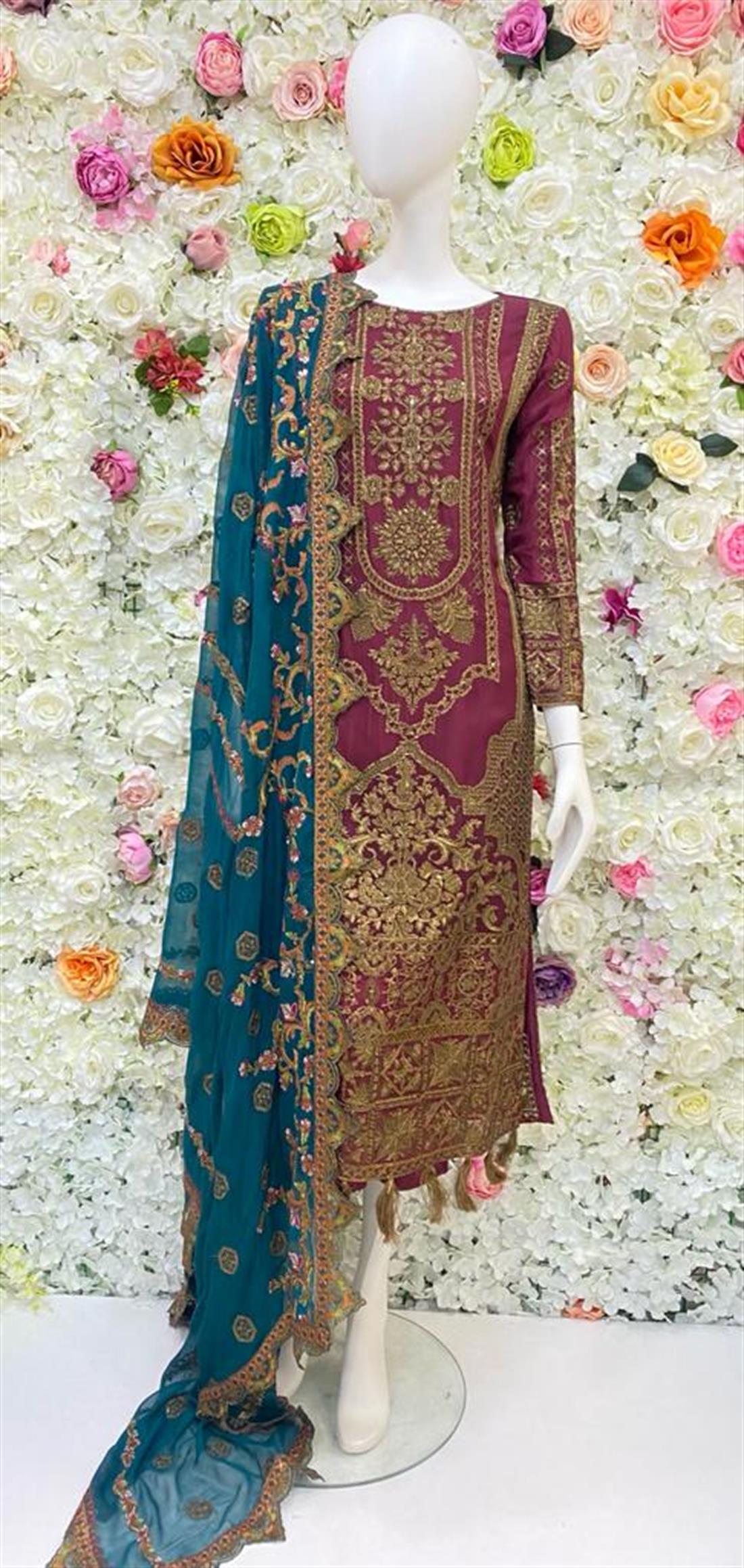 Burgundy Embroidered Chiffon Ladies Readymade