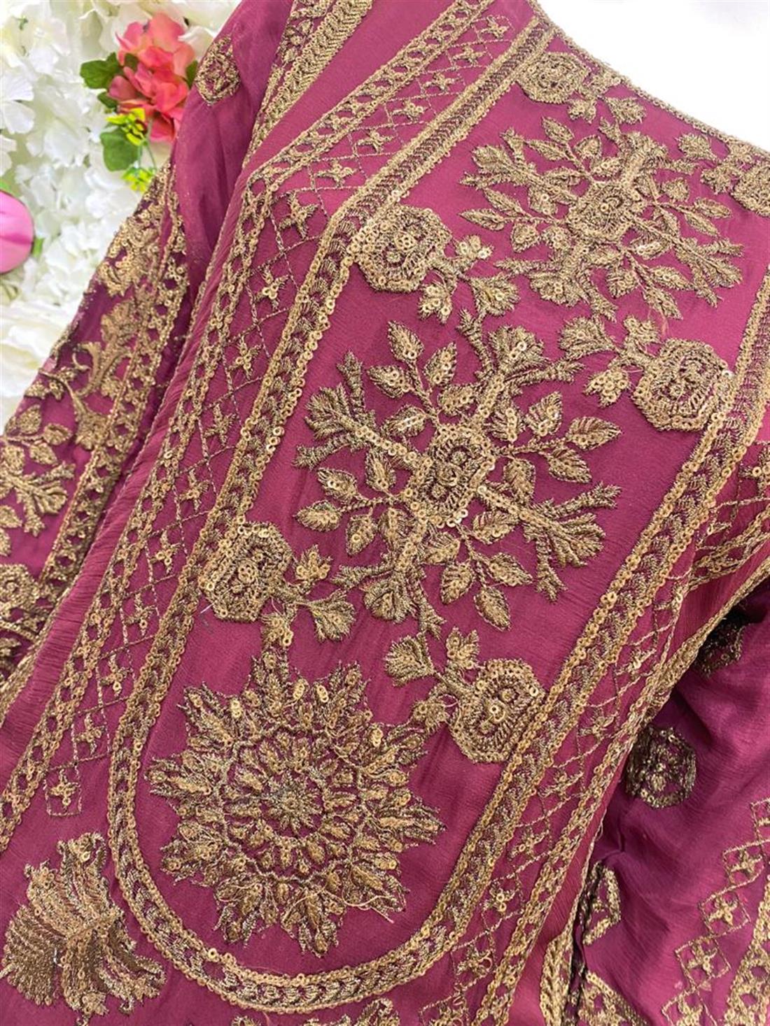 Burgundy Embroidered Chiffon Ladies Readymade