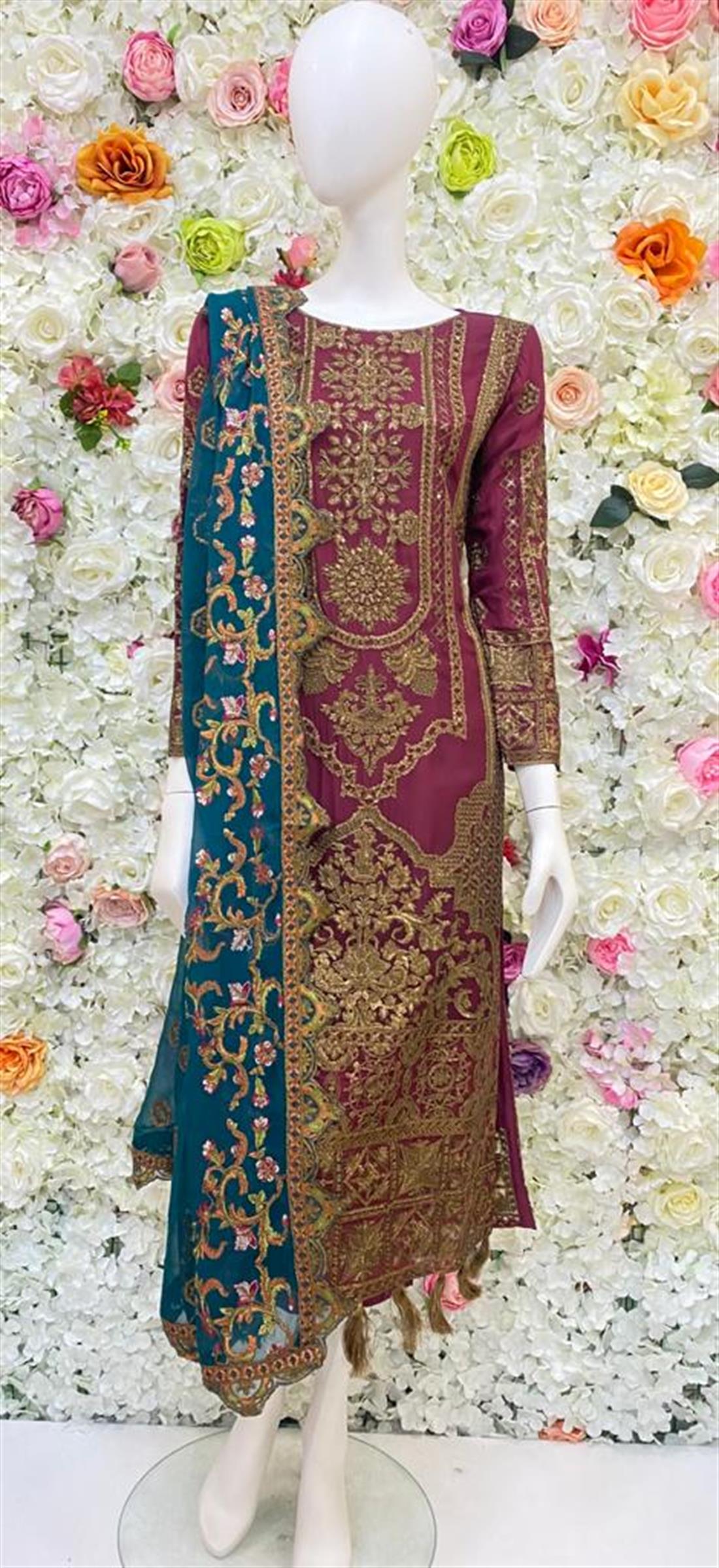 Burgundy Embroidered Chiffon Ladies Readymade