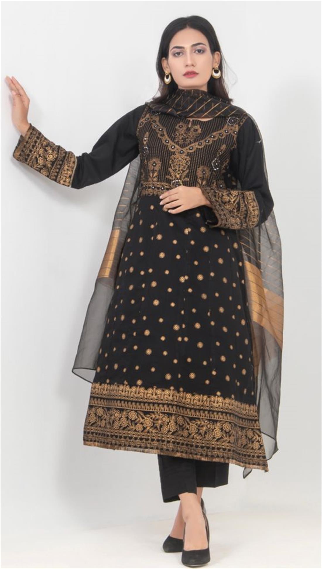 Black & Gold Mirror Work Organza Frock Ladies Readymade
