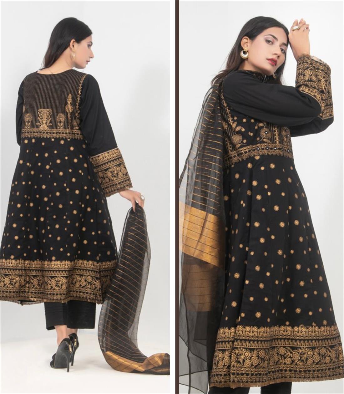 Black & Gold Mirror Work Organza Frock Ladies Readymade