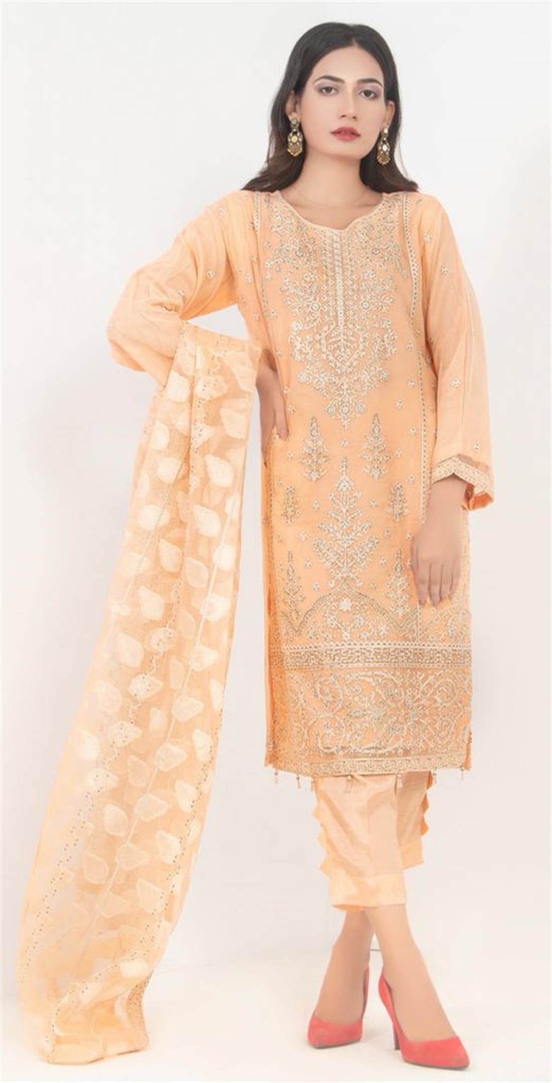 Peach Embroidered Raw Silk Ladies Readymade
