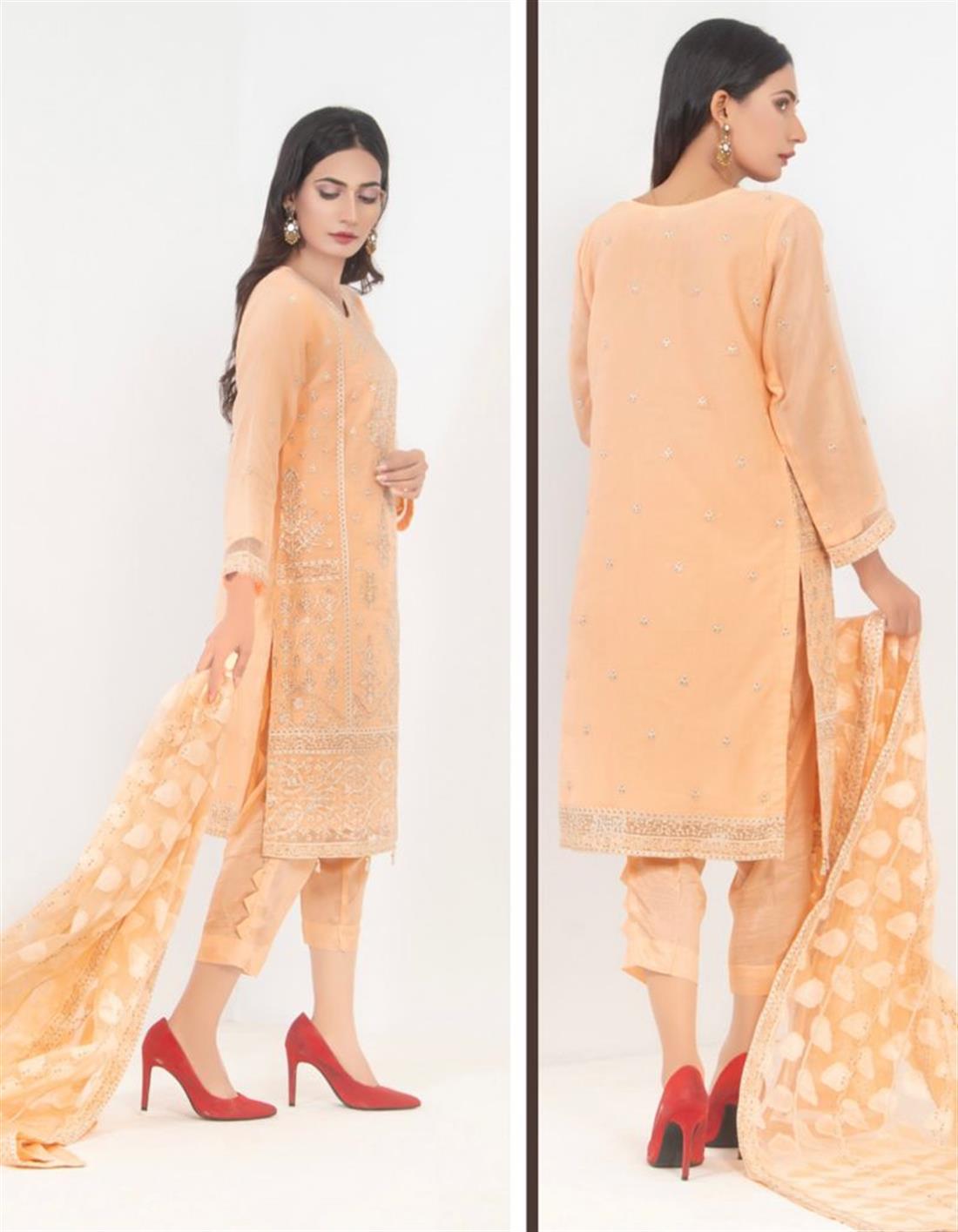 Peach Embroidered Raw Silk Ladies Readymade