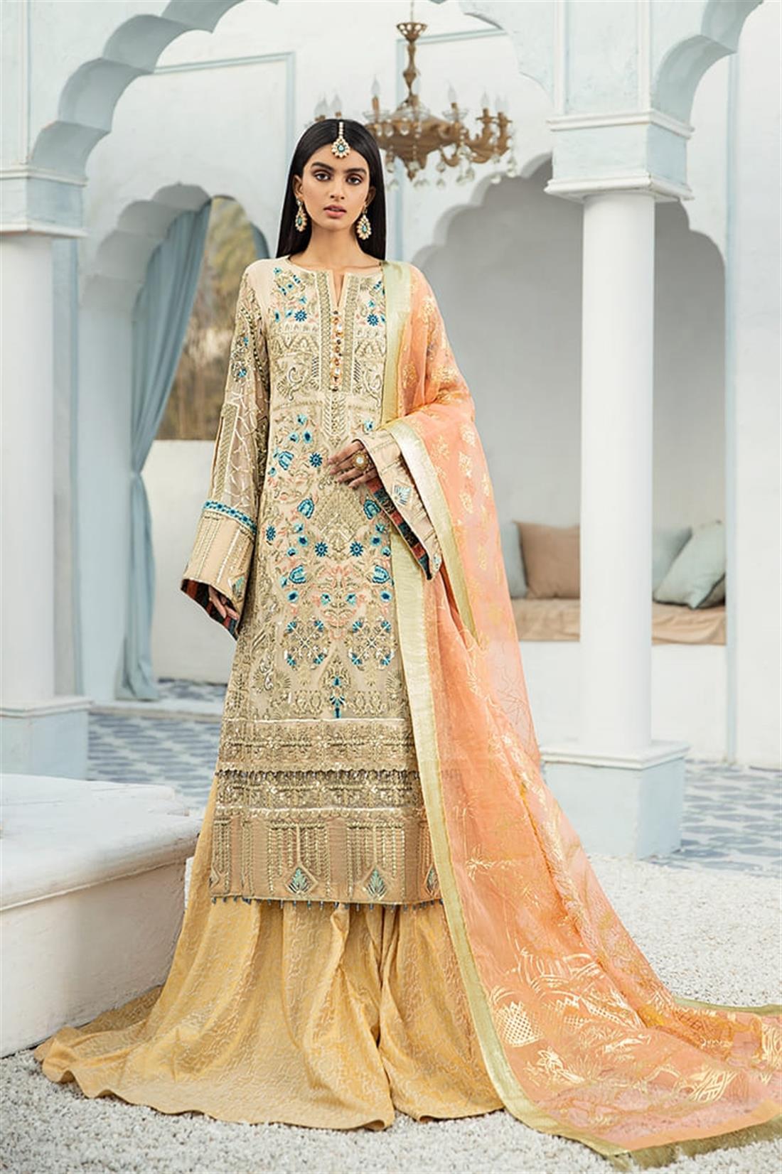 Cream Embroidered Chiffon Sharara Ladies Readymade