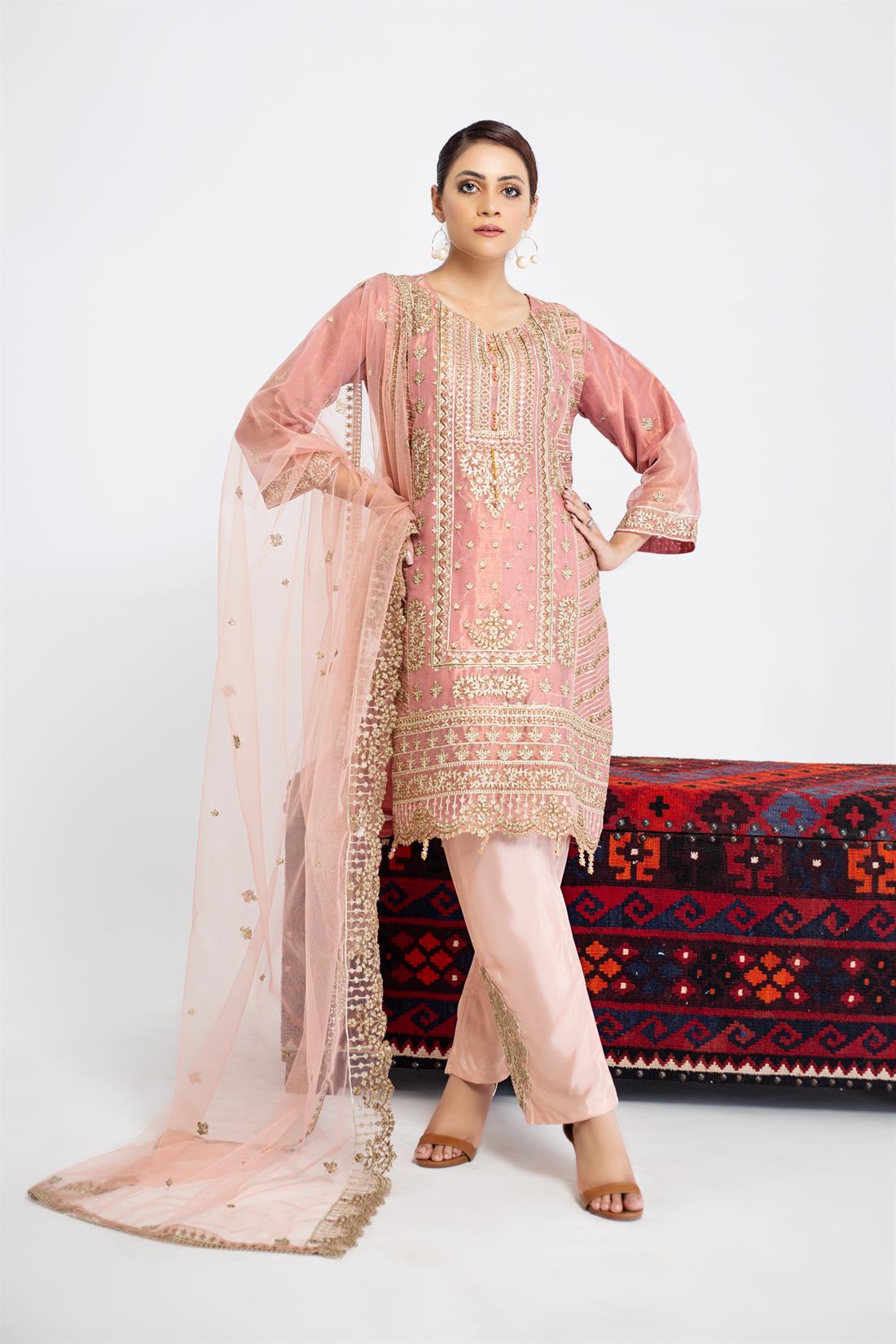Pink Embroidered Organza Ladies Readymade