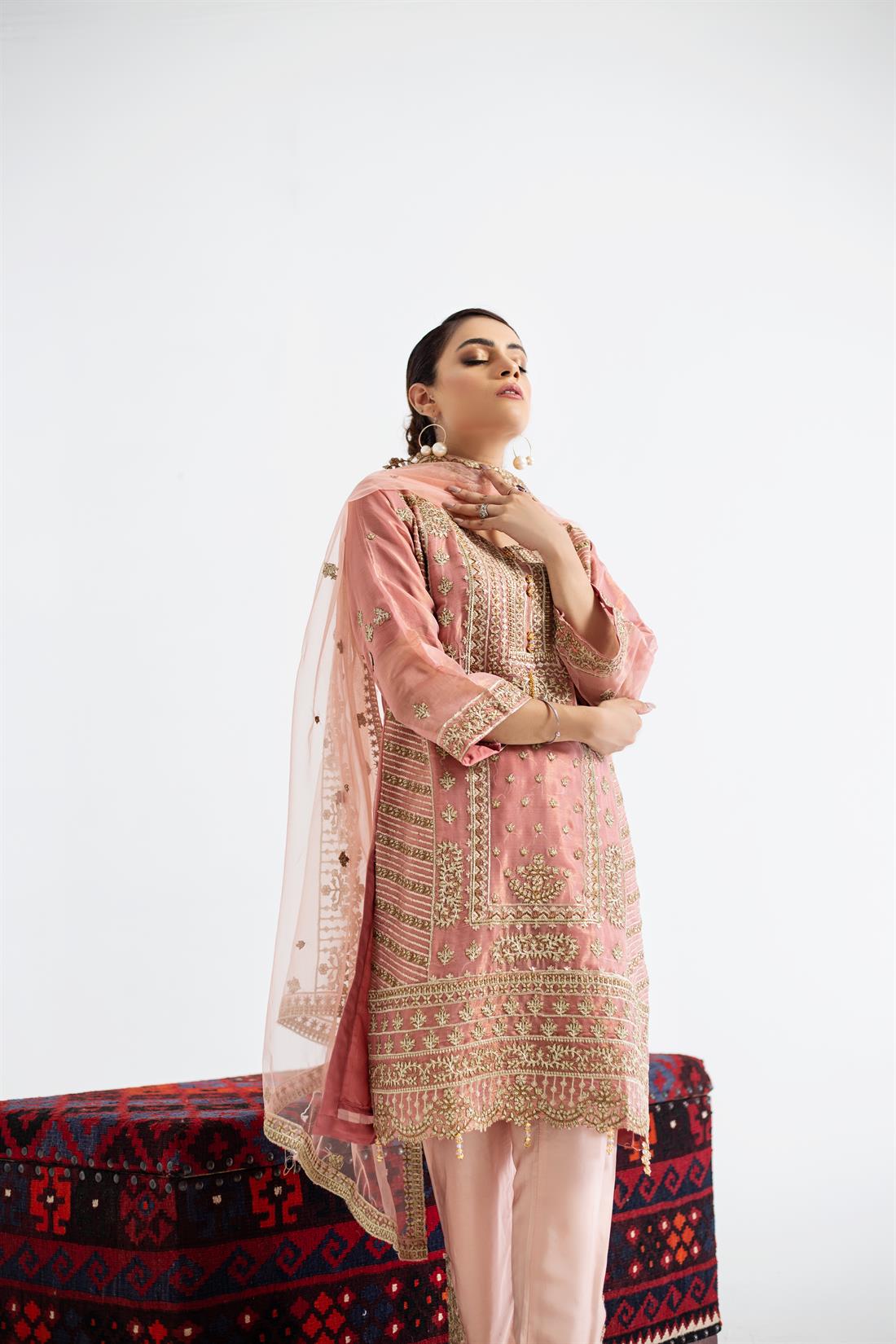 Pink Embroidered Organza Ladies Readymade