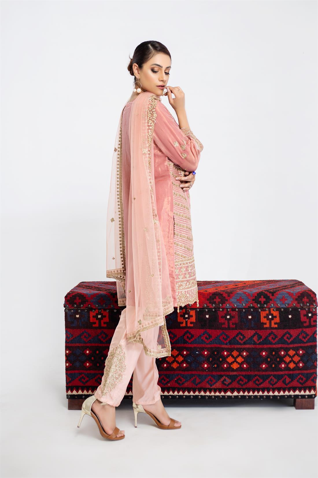 Pink Embroidered Organza Ladies Readymade