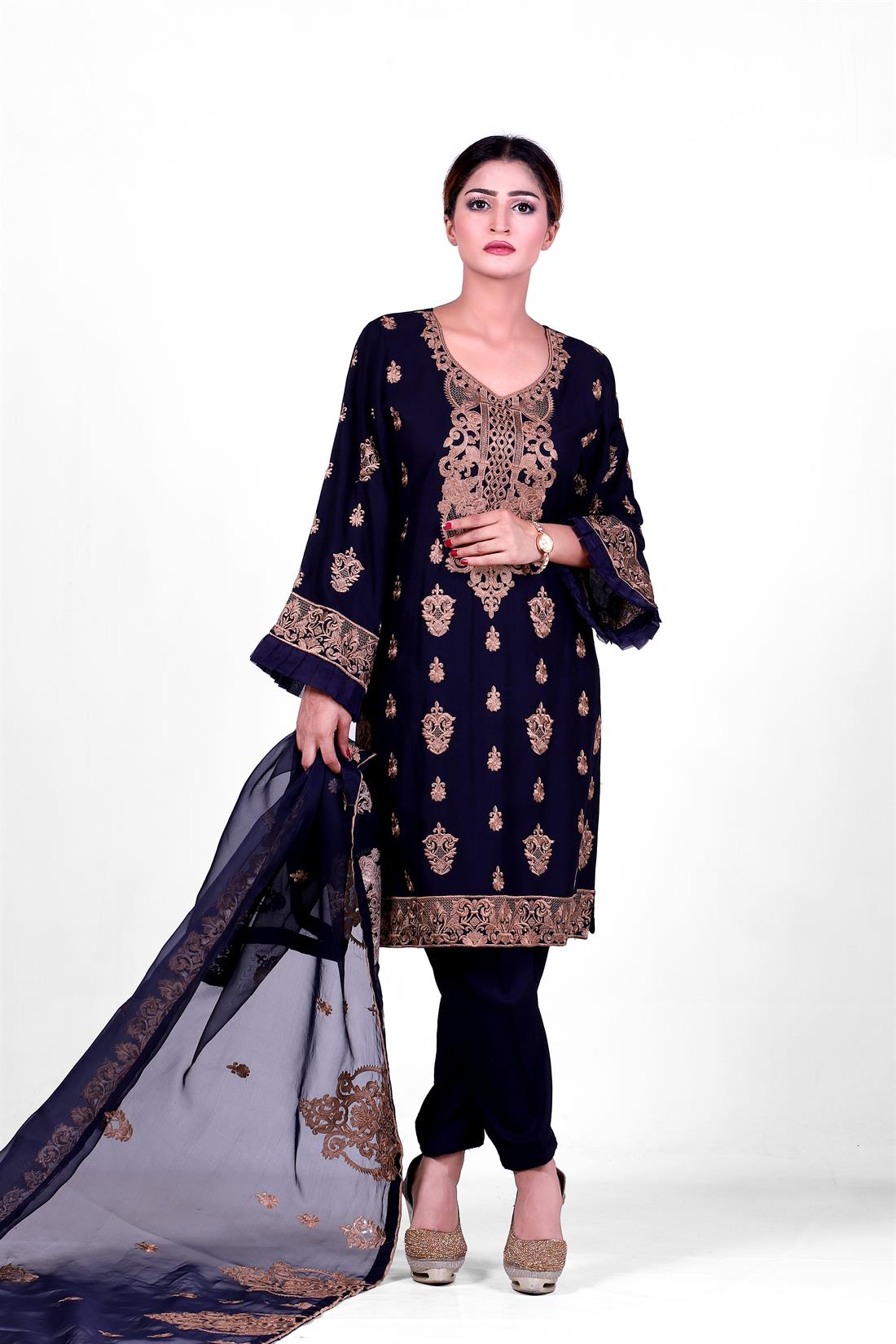 Navy Blue Embroidered Organza Ladies Readymade