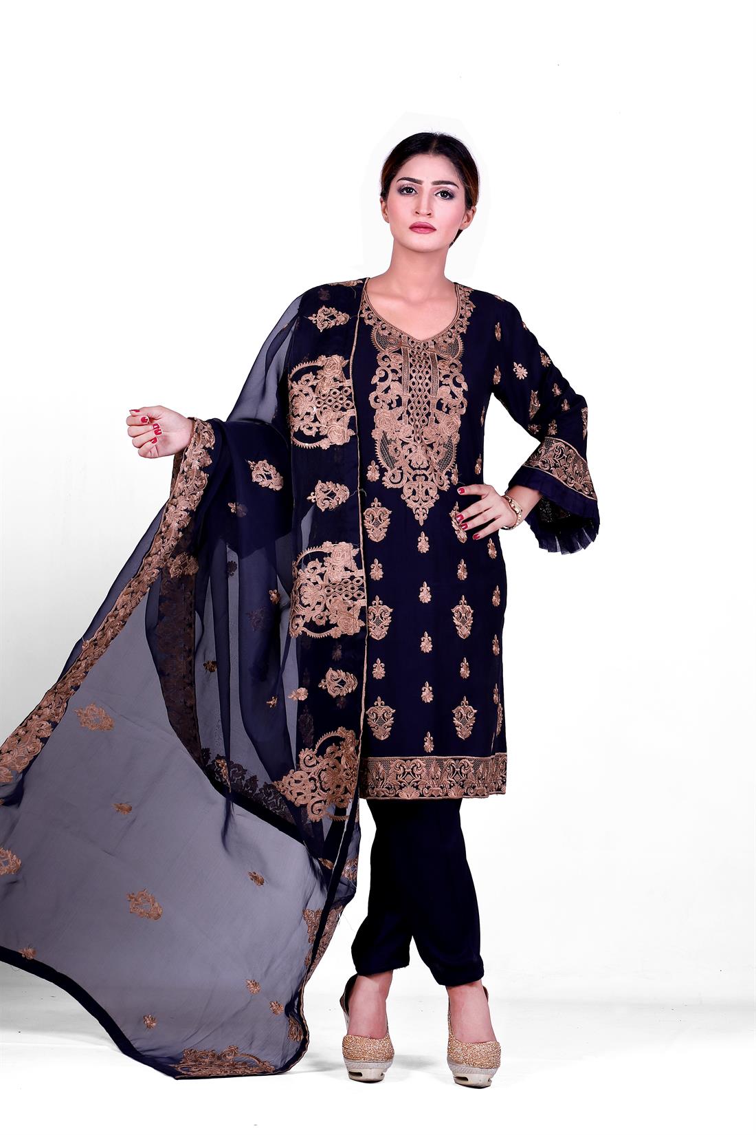 Navy Blue Embroidered Organza Ladies Readymade