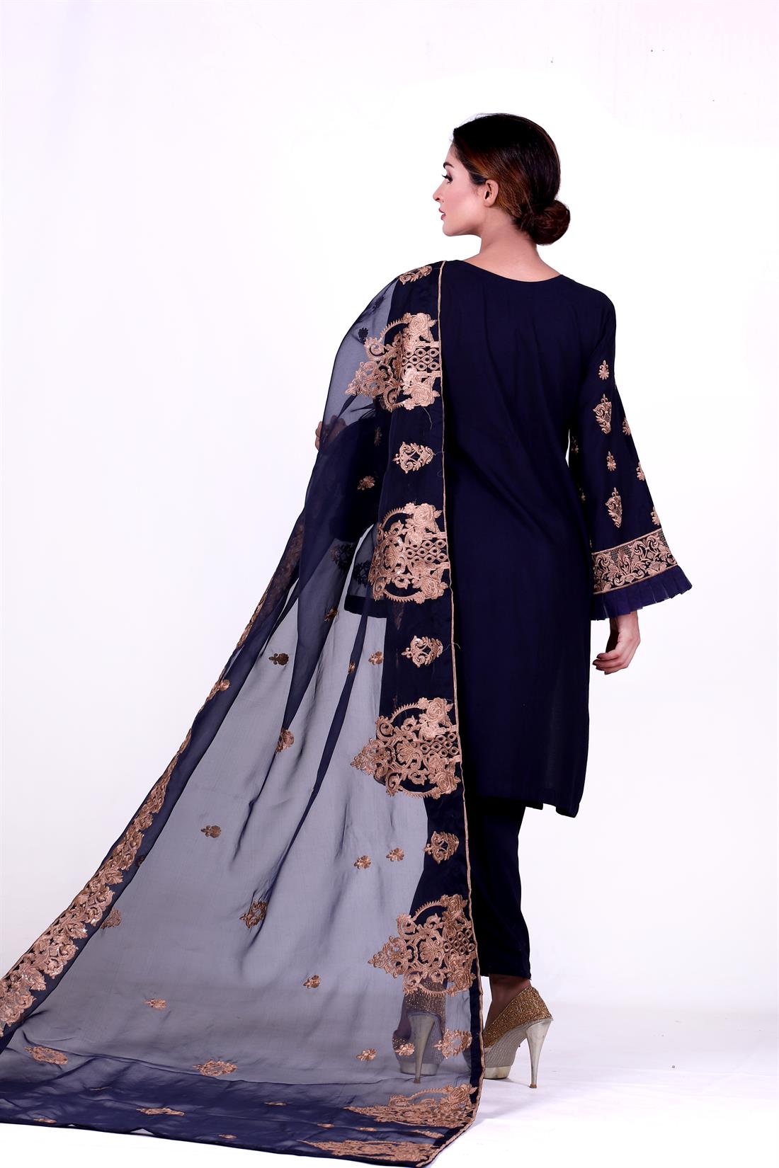 Navy Blue Embroidered Organza Ladies Readymade