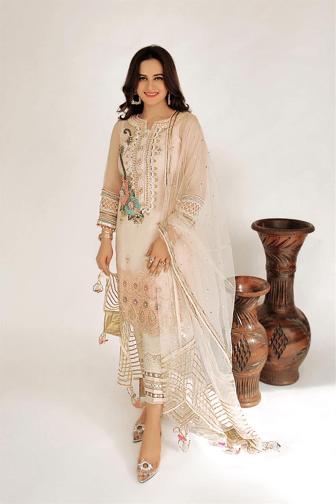 Baby Pink & Cream Embroidered Raw Silk Ladies Readymade