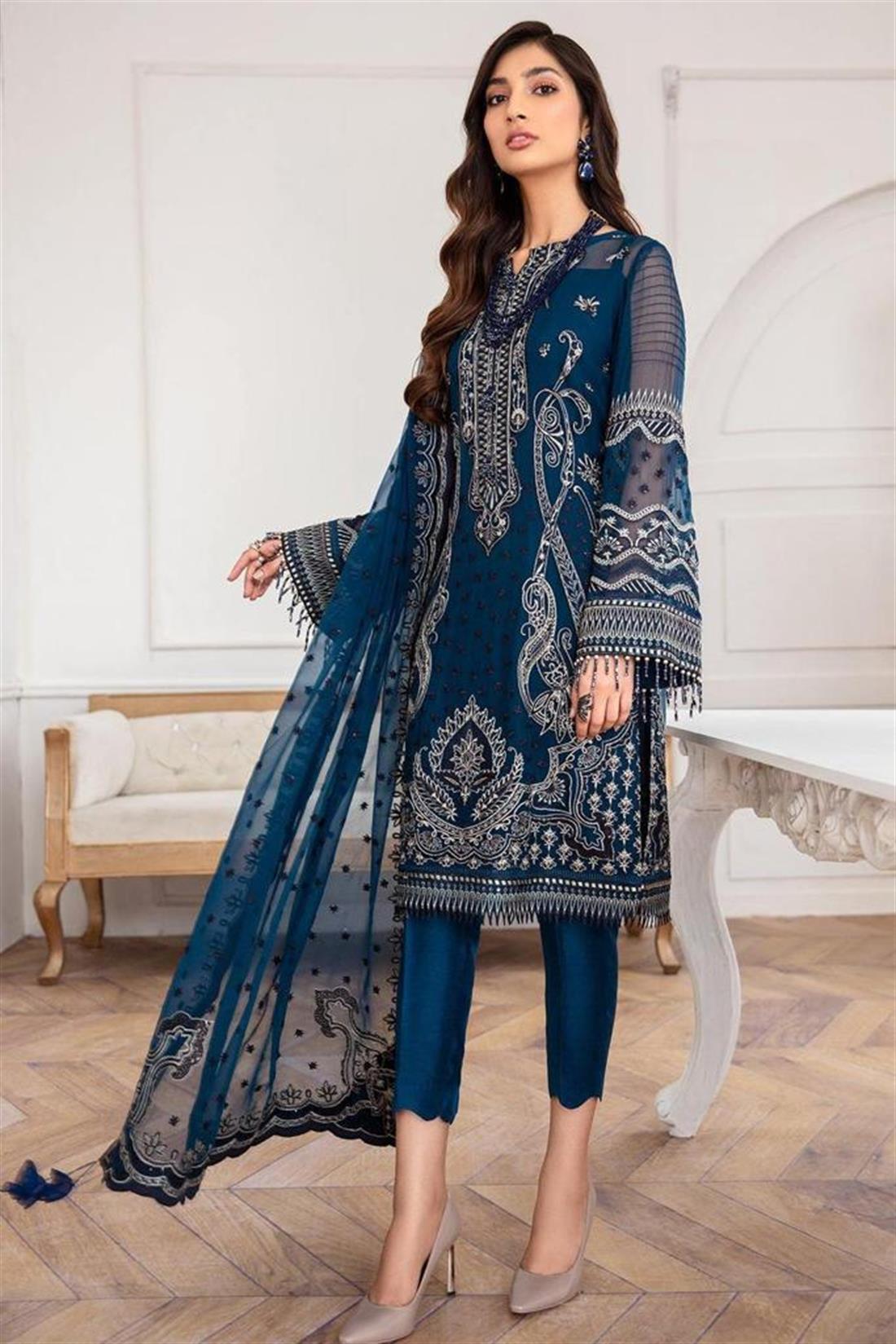 Teal Embroidered Chiffon Ladies Readymade