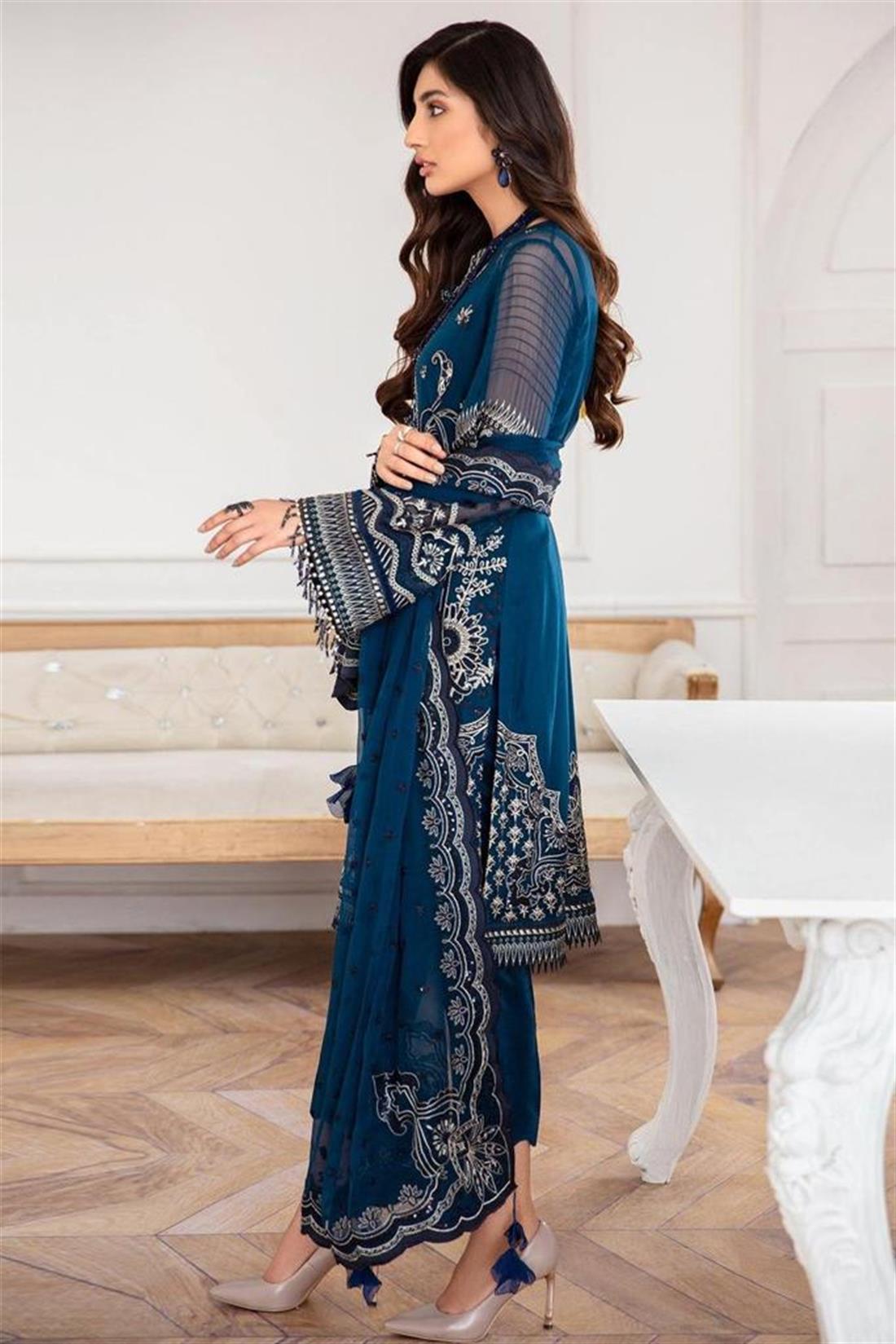 Teal Embroidered Chiffon Ladies Readymade