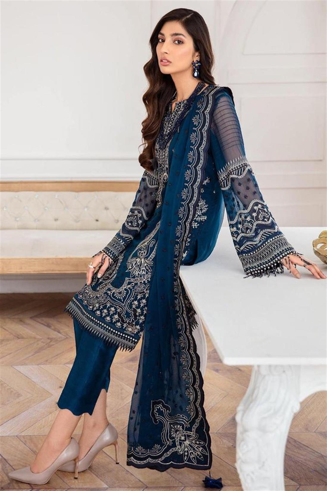 Teal Embroidered Chiffon Ladies Readymade