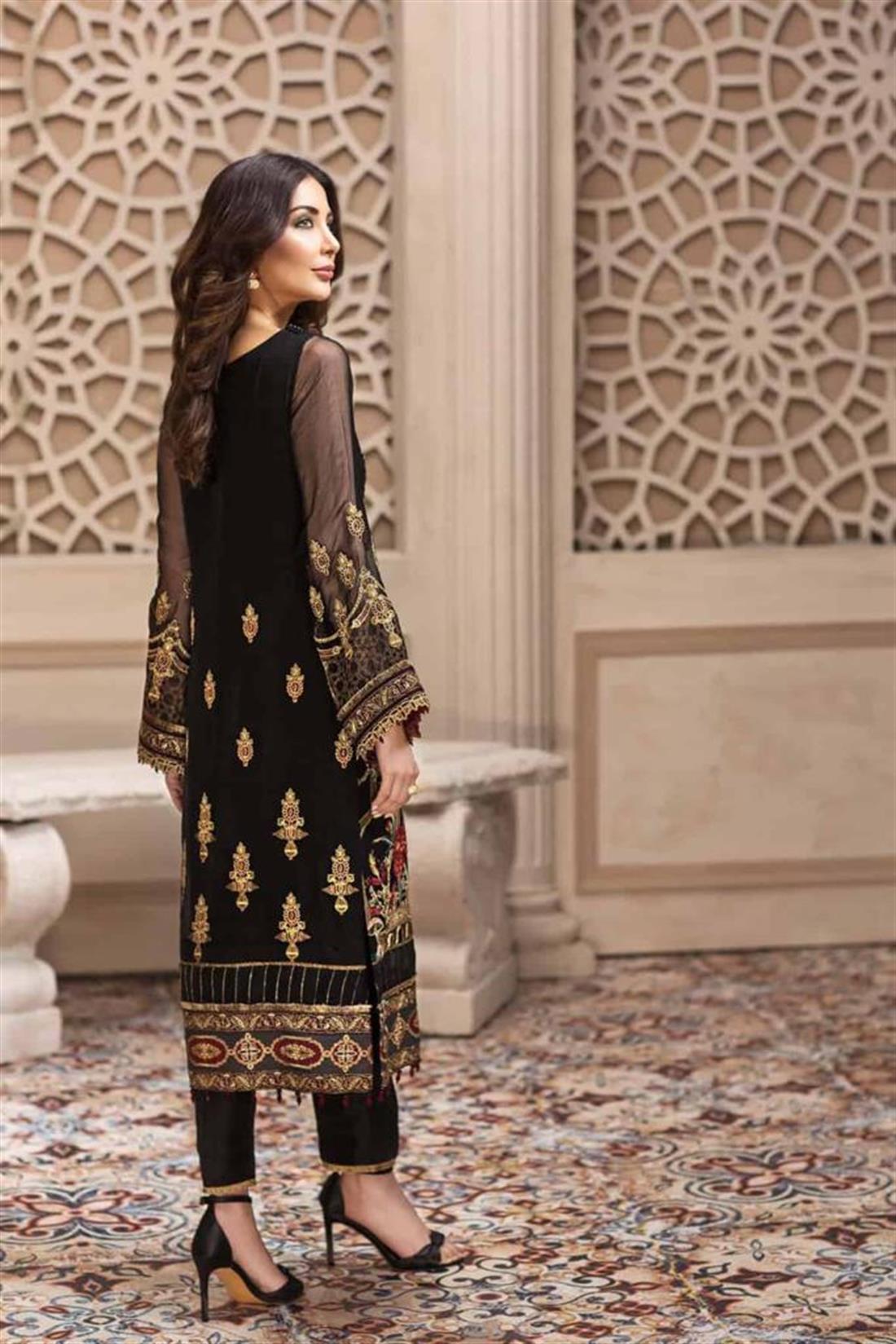 Black Embroidered Chiffon Ladies Readymade