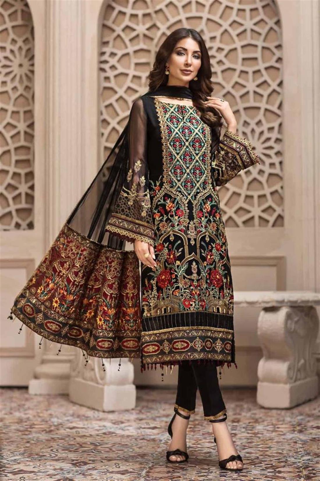 Black Embroidered Chiffon Ladies Readymade