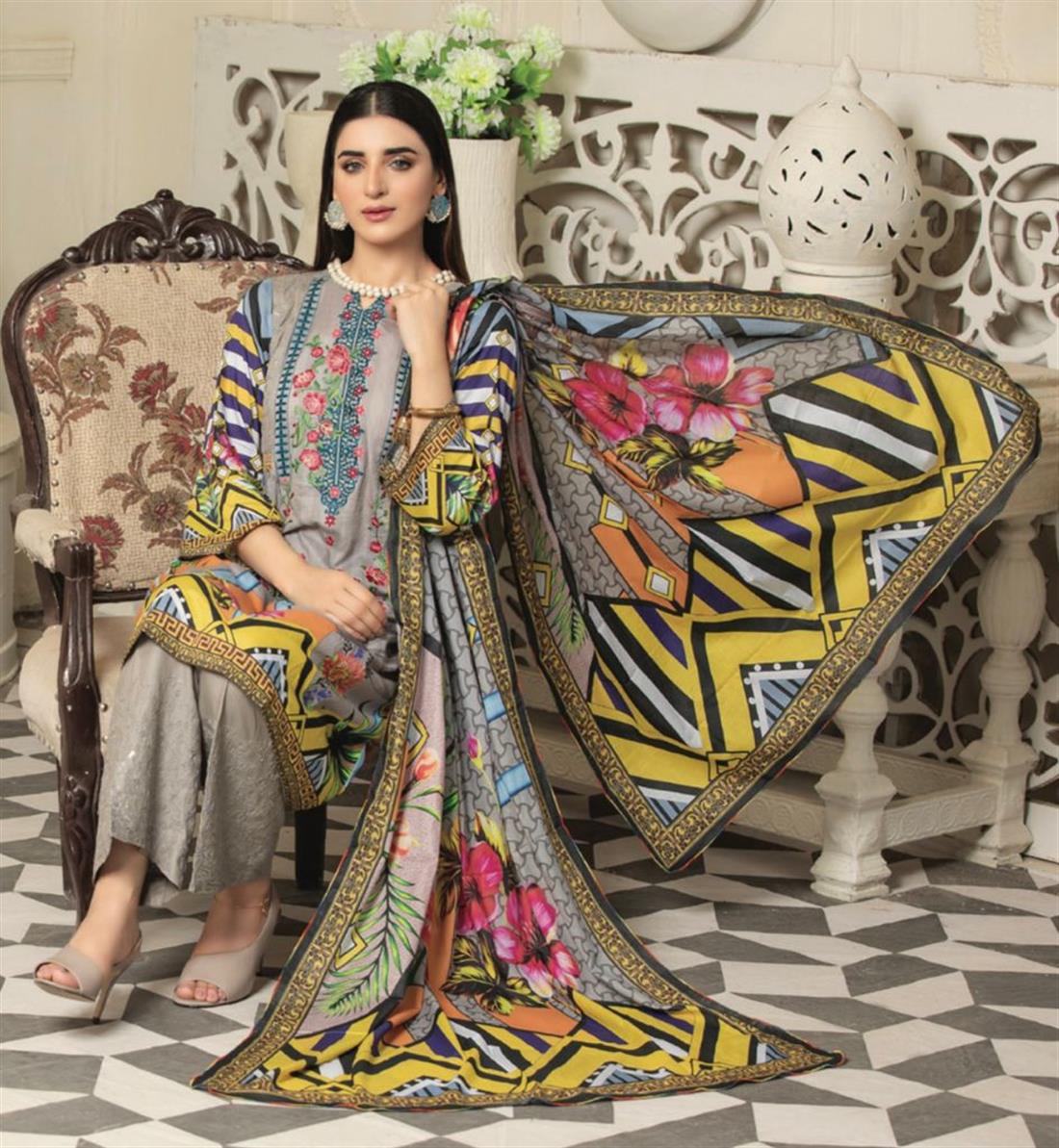 Grey Embroidered Lawn Ladies Readymade