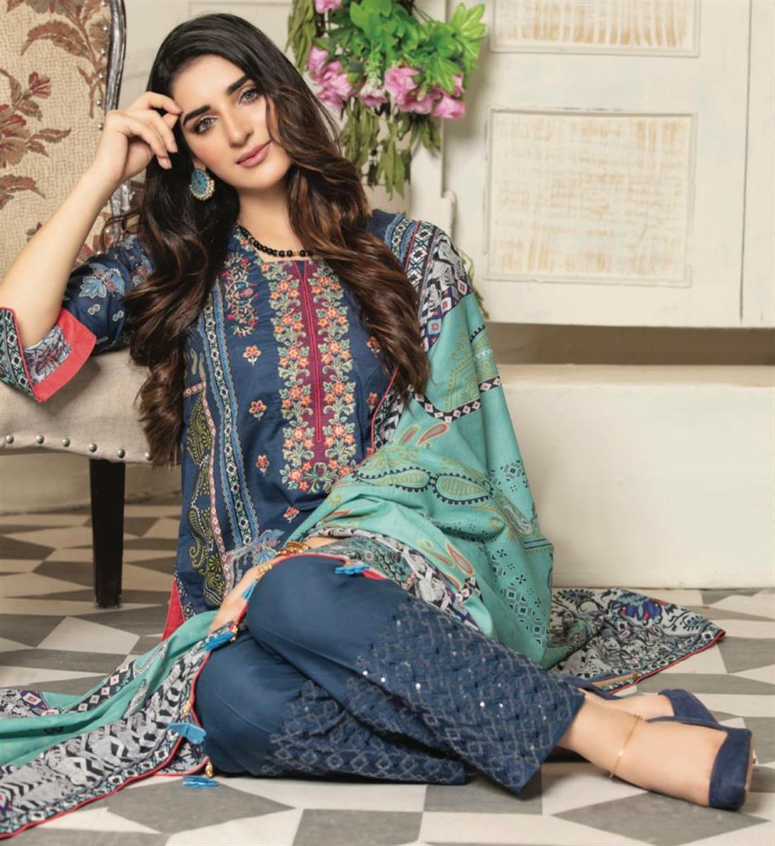 Navy Blue Embroidered Lawn Ladies Readymade