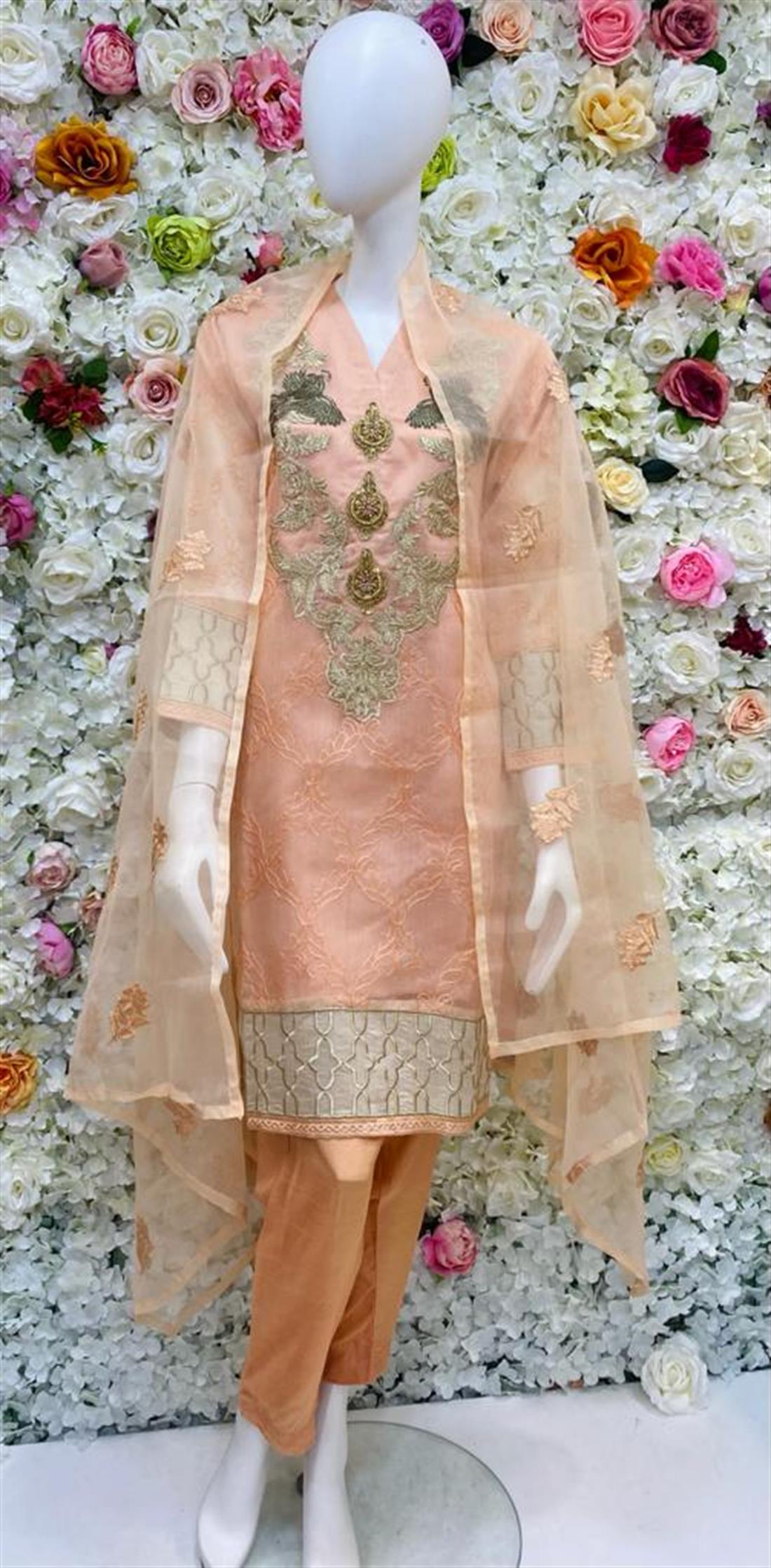Peach Raw Silk 3 Piece Mint Green Embroidered Readymade Salwar Kameez