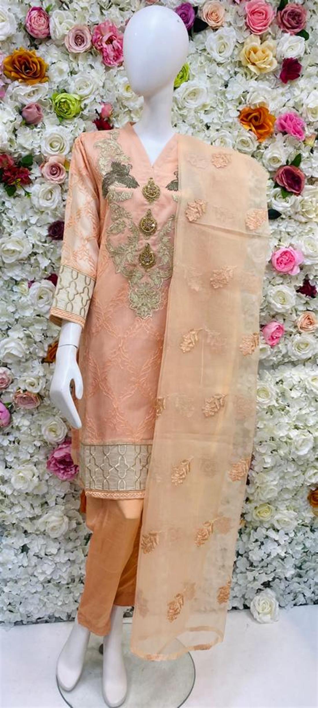 Peach Raw Silk 3 Piece Mint Green Embroidered Readymade Salwar Kameez