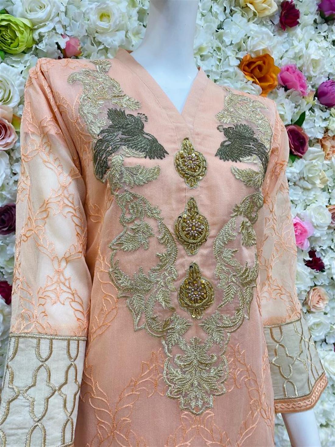 Peach Raw Silk 3 Piece Mint Green Embroidered Readymade Salwar Kameez