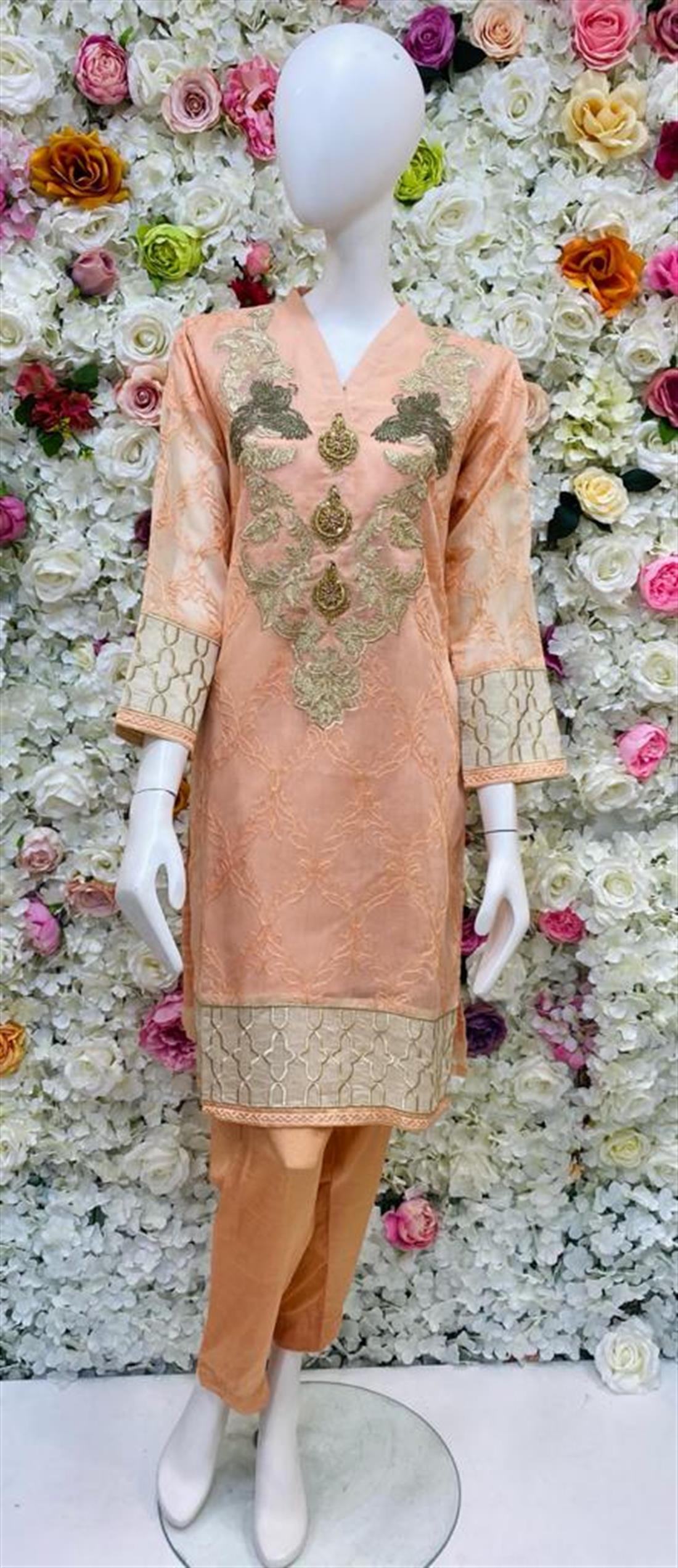 Peach Raw Silk 3 Piece Mint Green Embroidered Readymade Salwar Kameez