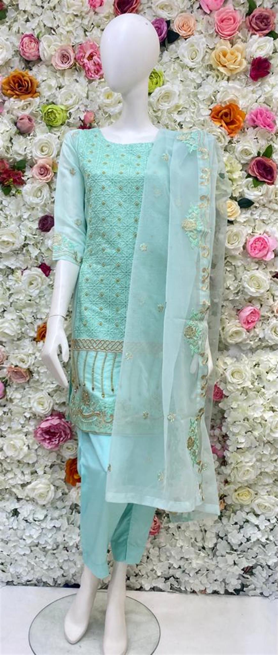 Aqua Raw Silk 3 Piece Gold Embroidered Readymade Salwar Kameez