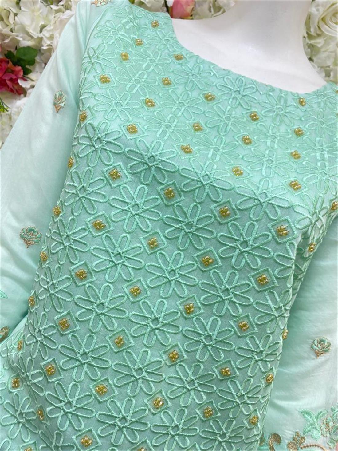 Aqua Raw Silk 3 Piece Gold Embroidered Readymade Salwar Kameez