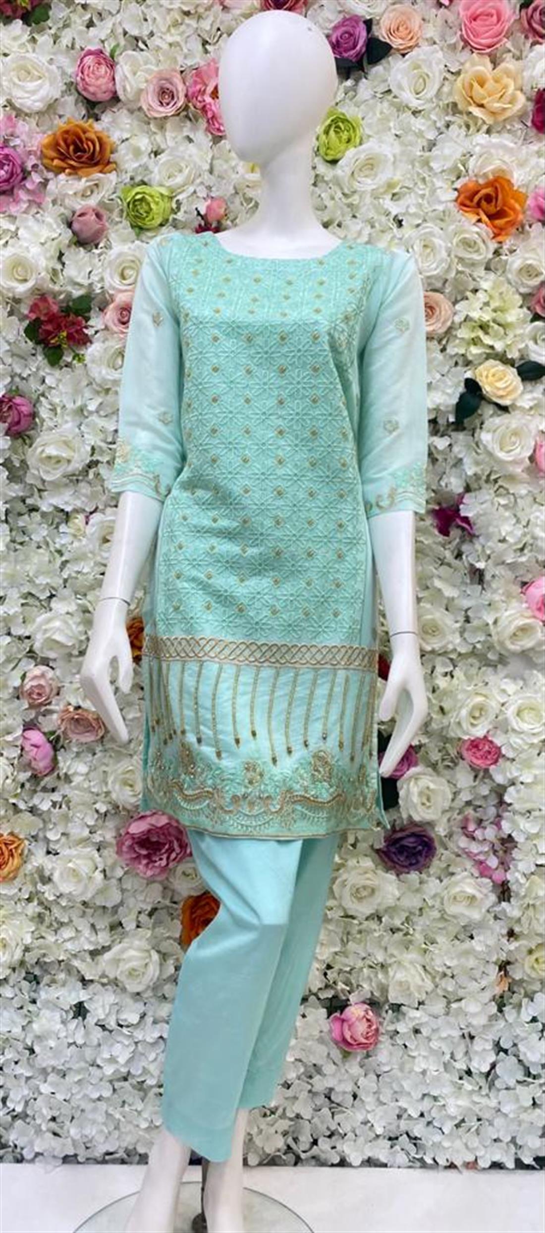 Aqua Raw Silk 3 Piece Gold Embroidered Readymade Salwar Kameez