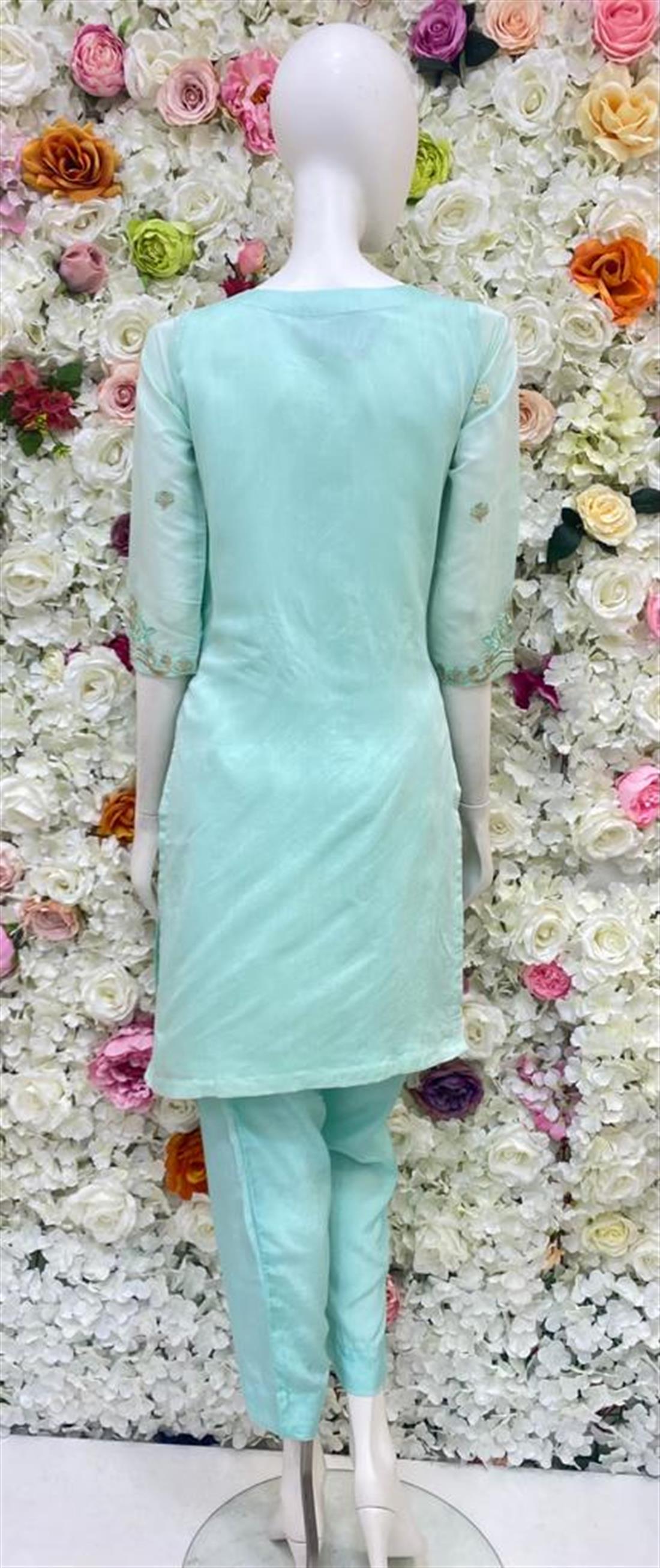 Aqua Raw Silk 3 Piece Gold Embroidered Readymade Salwar Kameez