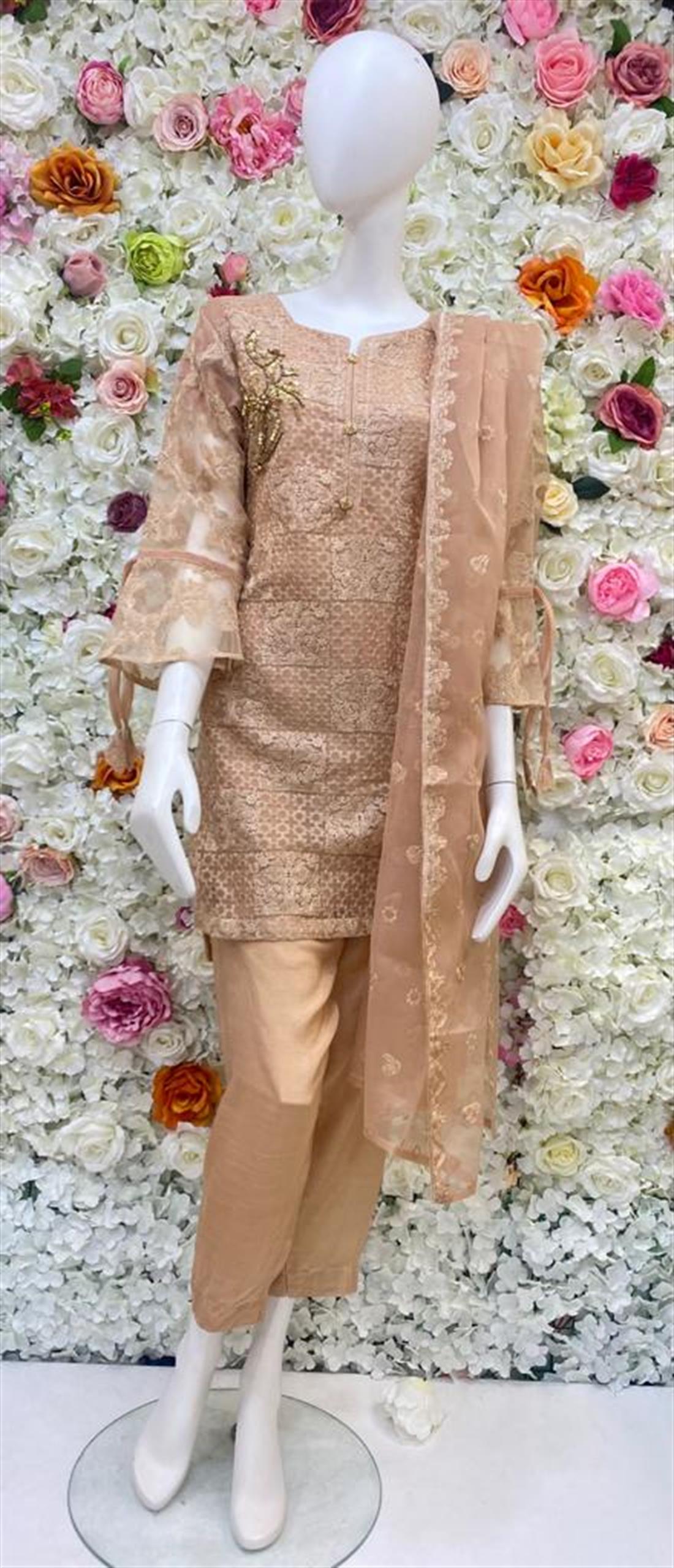 Cappuccino Raw Silk Lime Yellow 3 Piece Hand Embroidered Salwar Kameez