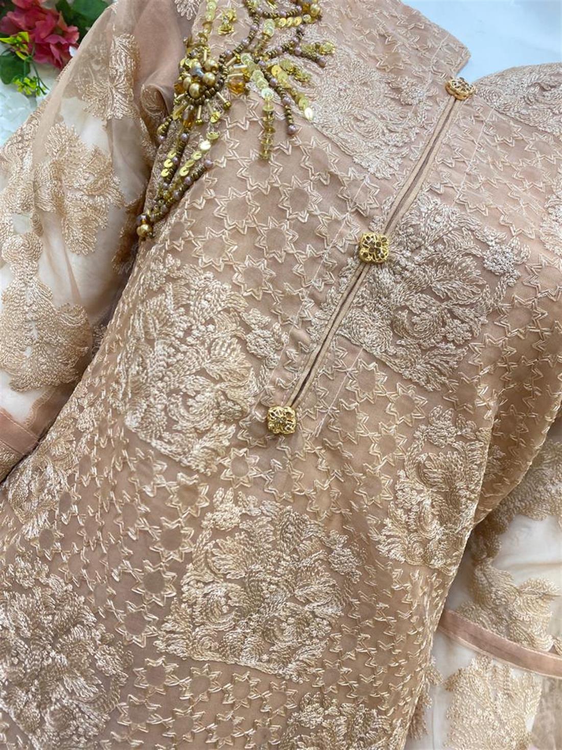 Cappuccino Raw Silk Lime Yellow 3 Piece Hand Embroidered Salwar Kameez