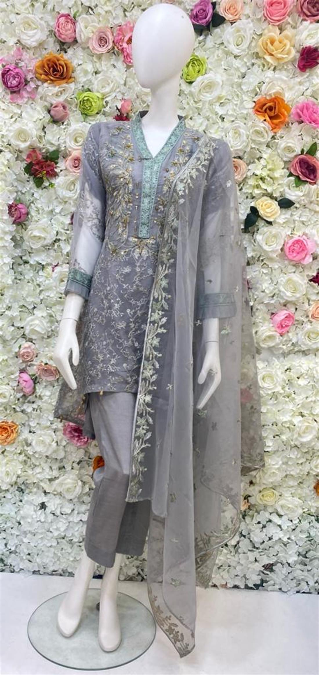 Grey Embroidered Raw Silk Ladies Readymade