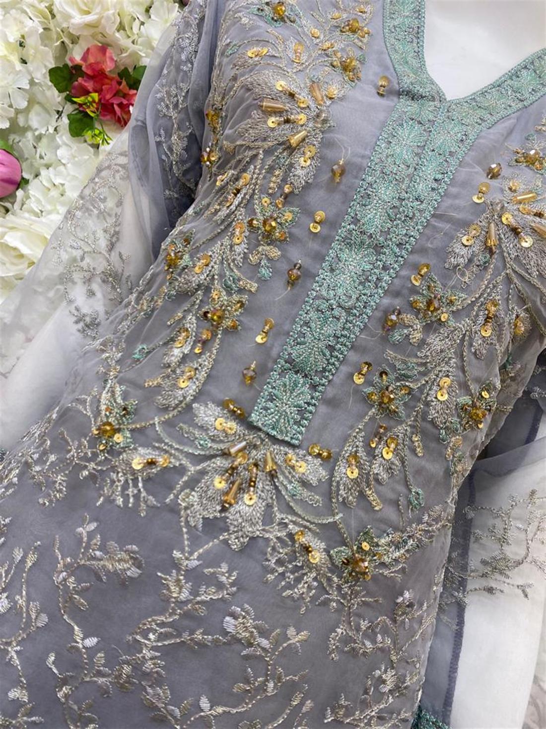 Grey Embroidered Raw Silk Ladies Readymade
