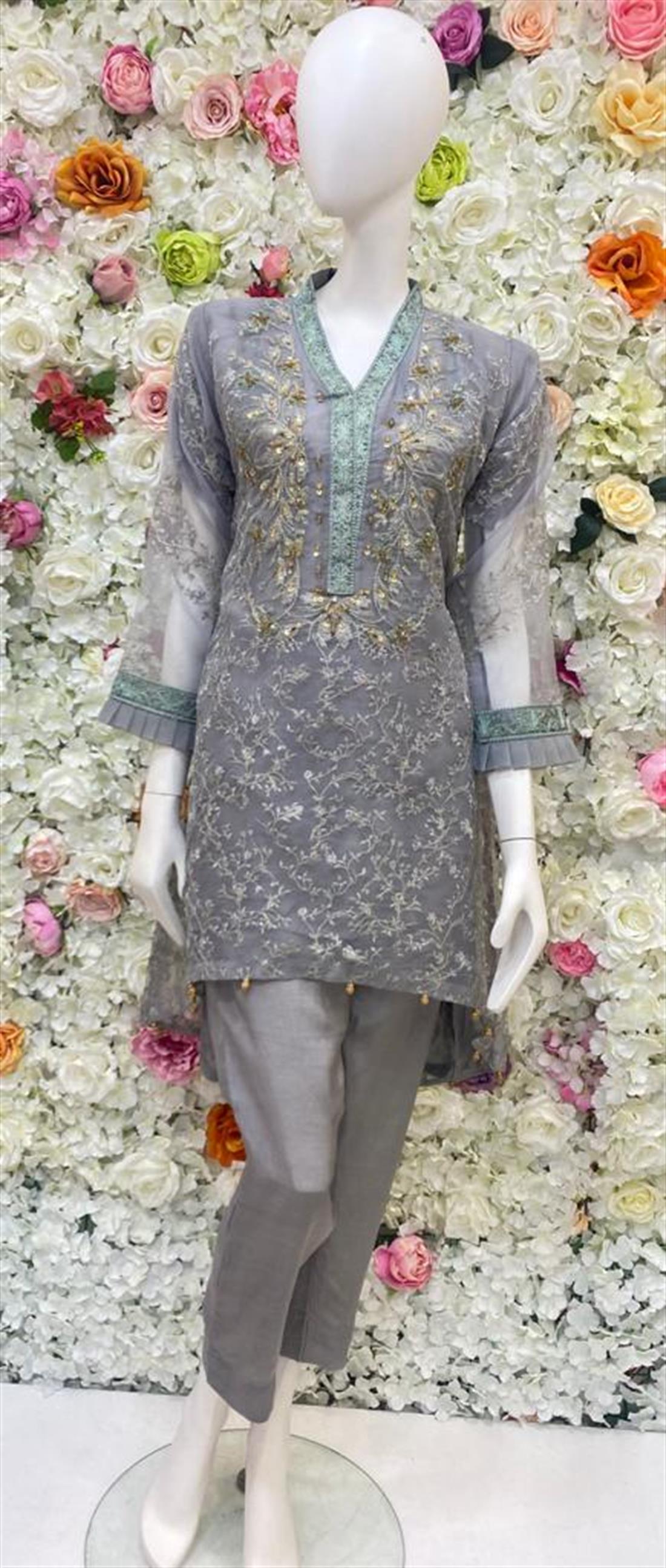 Grey Embroidered Raw Silk Ladies Readymade