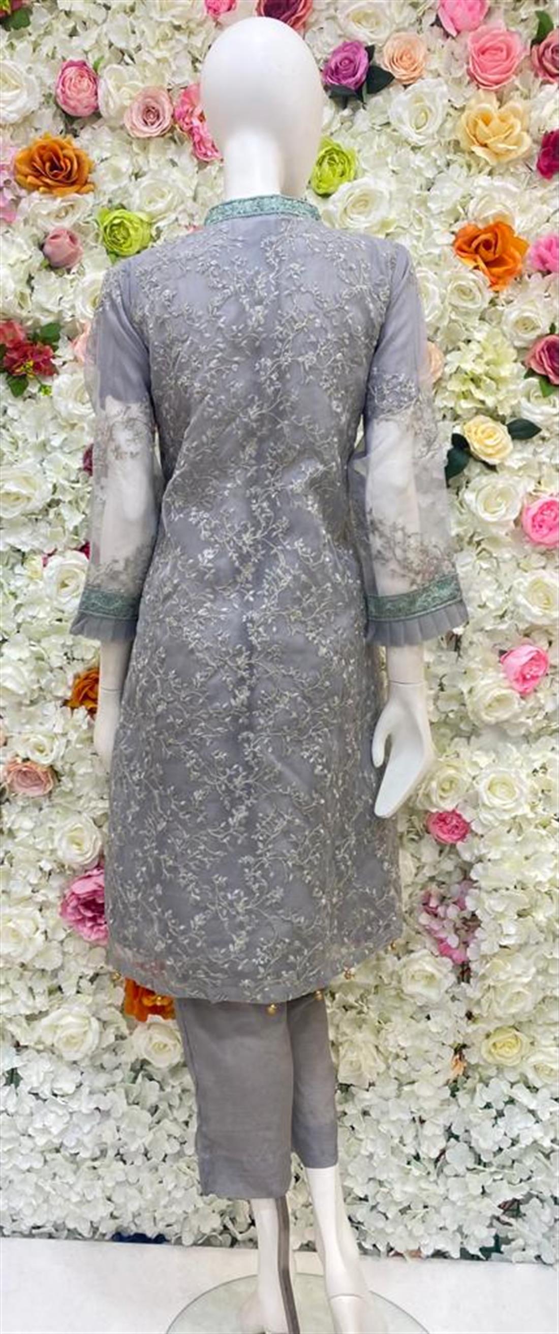 Grey Embroidered Raw Silk Ladies Readymade